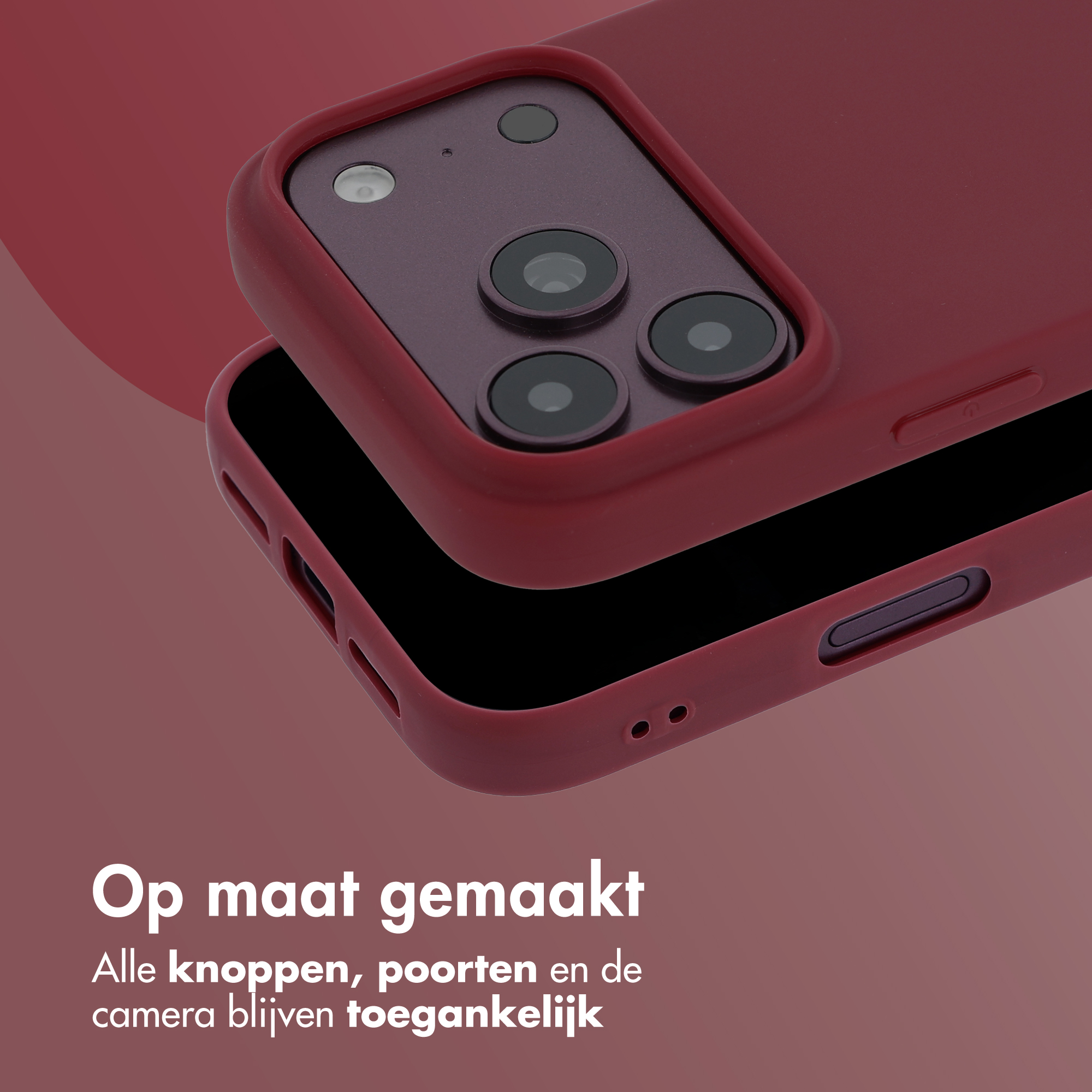 Rode smartphonehoes met nauwkeurige uitsparingen voor camera en knoppen.