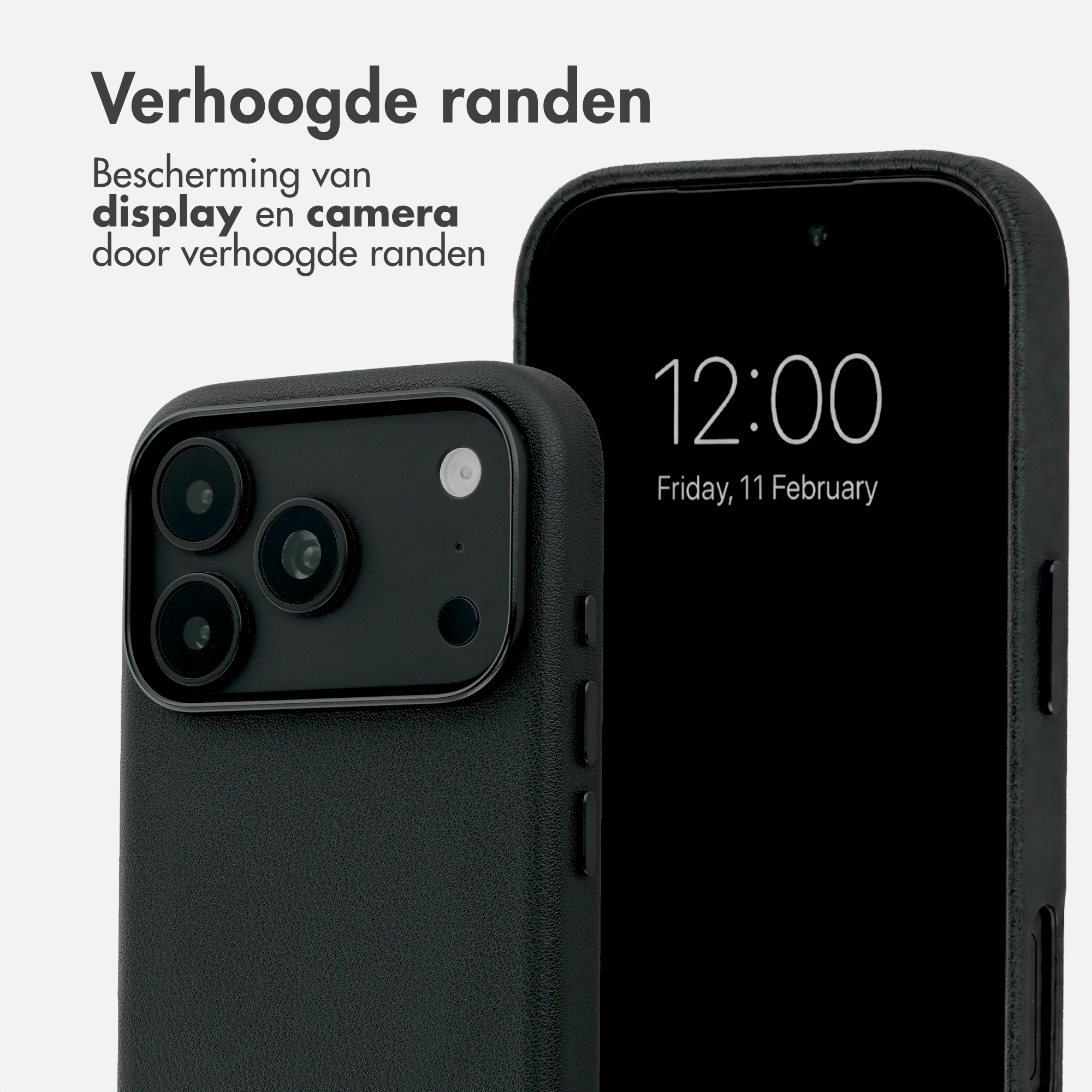 Zwei schwarze Smartphones mit erhöhtem Rand zum Schutz von Display und Kamera.