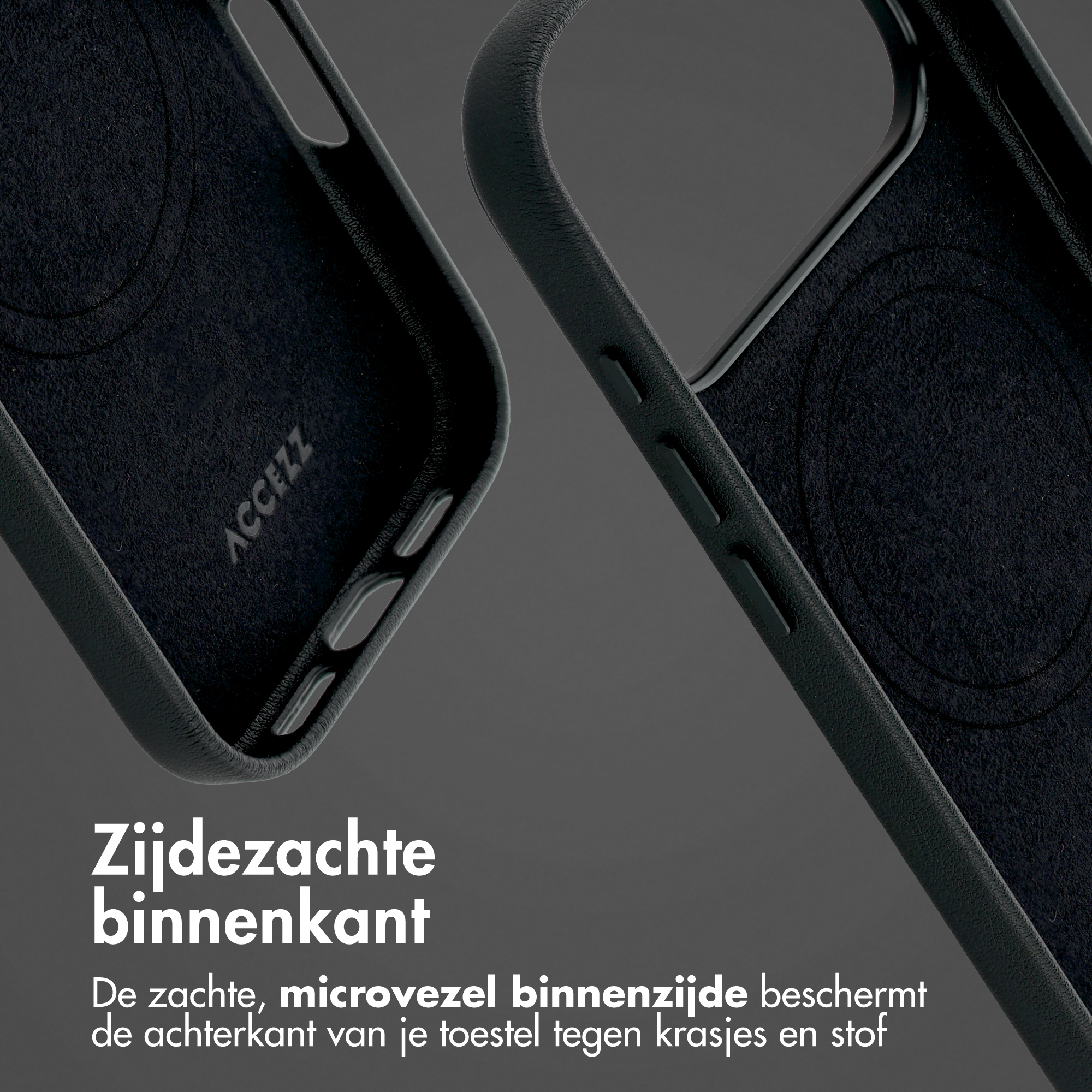 Schwarze Handyhülle mit weicher Mikrofasereinlage für Kratzschutz.