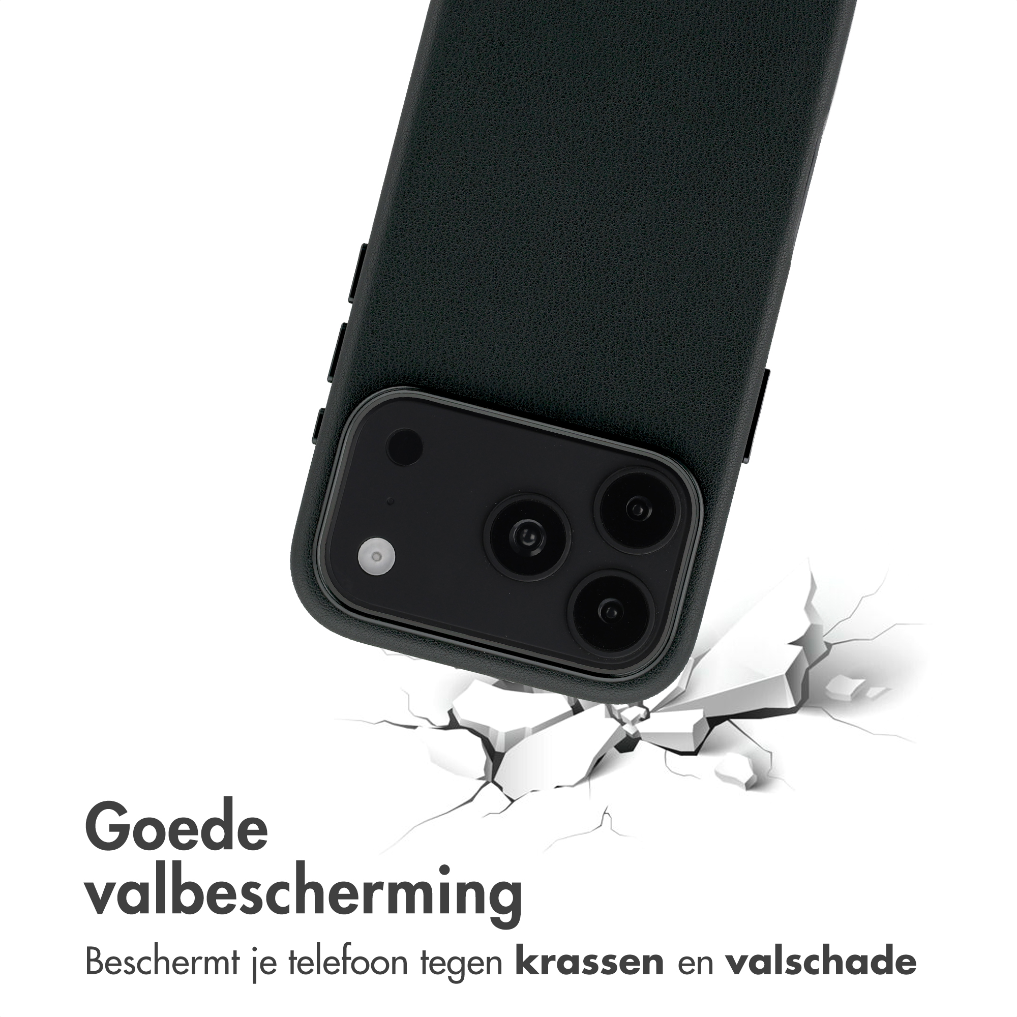 Schwarze Handyhülle auf weißem, rissigem Untergrund mit niederländischem Text.