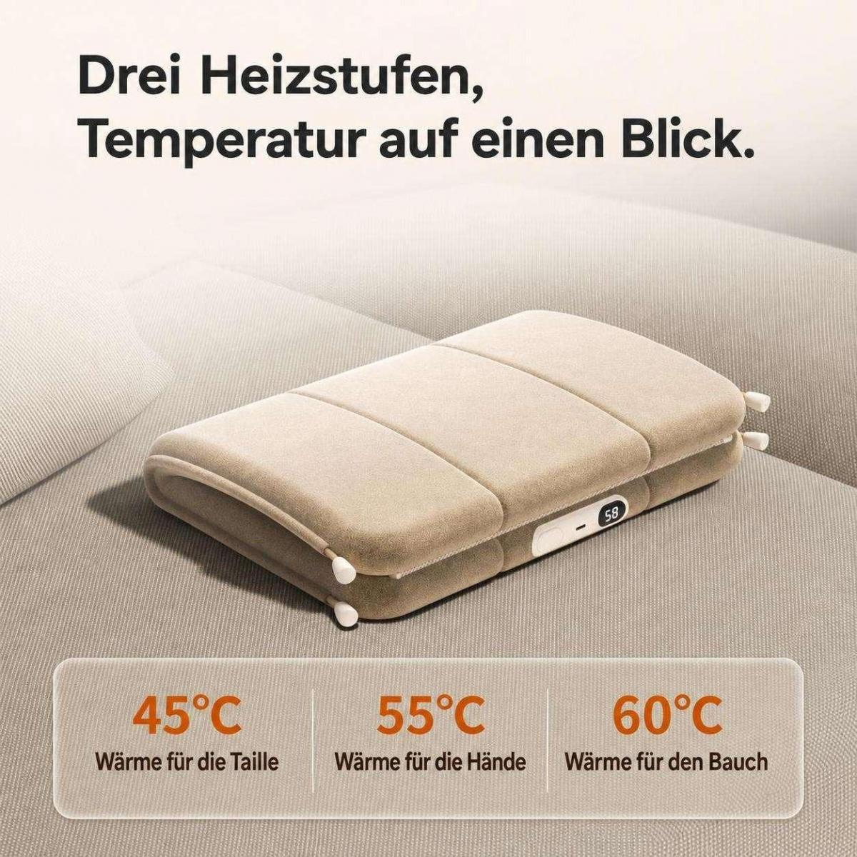 Ein beige farbenes Heizkissen auf einem Sofa mit drei Temperaturstufen.