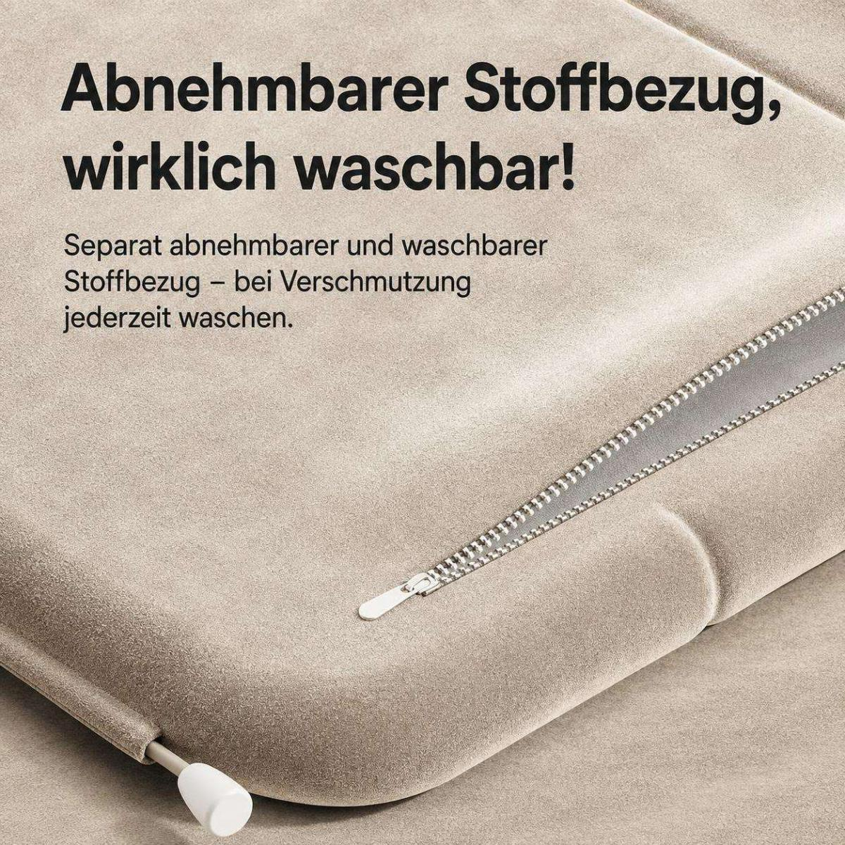 Beige Textiloberfläche mit geöffnetem Reißverschluss und deutschem Text darüber.
