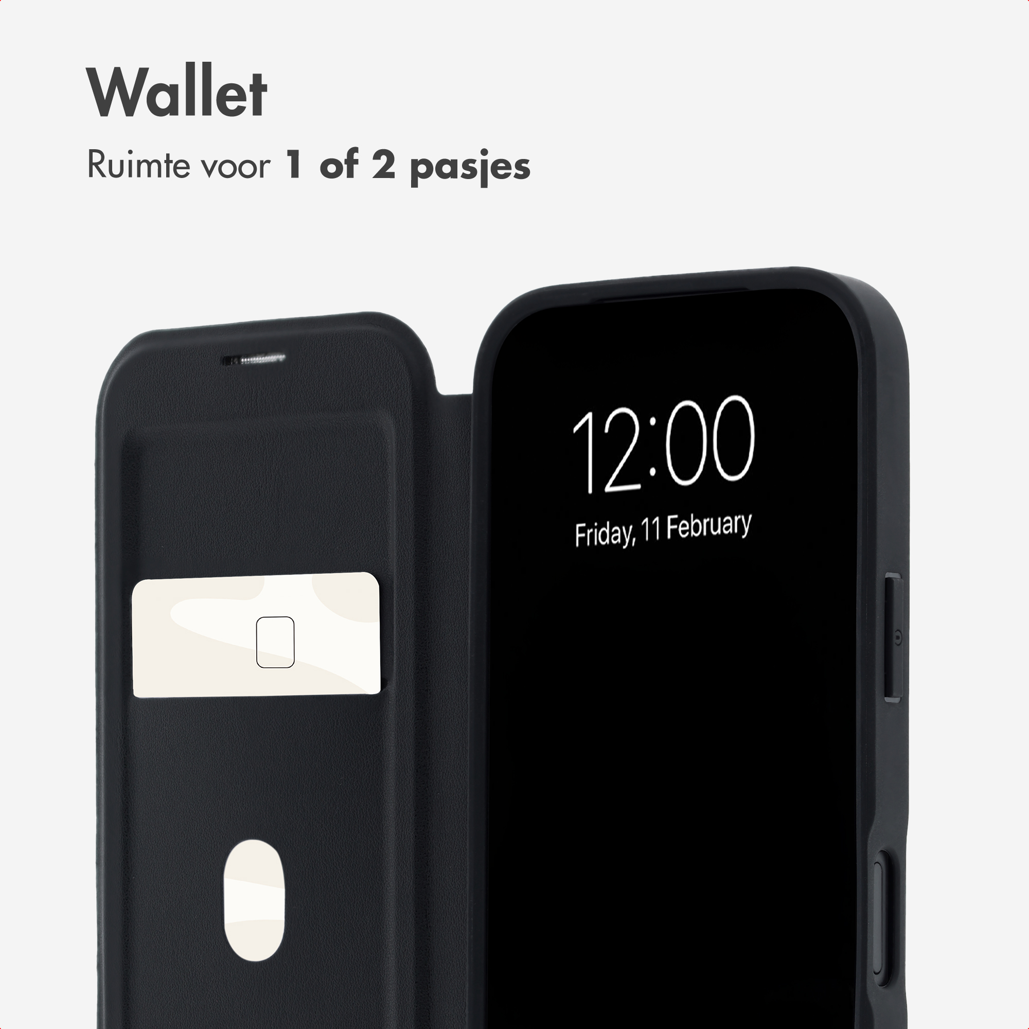 Eine schwarze Handytasche, die wie eine Geldbörse geöffnet ist und ein Kartenfach sowie eine Uhrzeit auf dem Bildschirm zeigt.