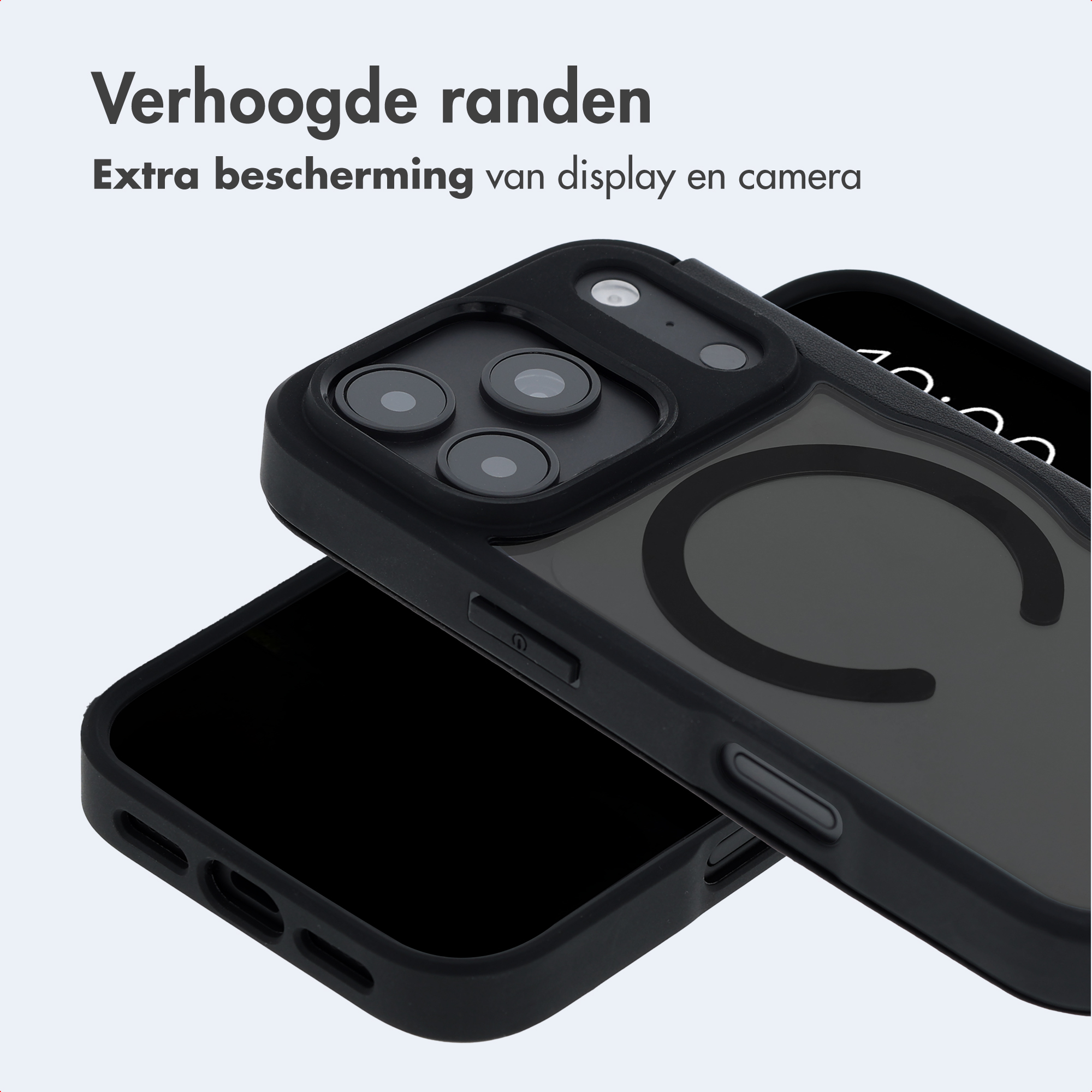 Ein schwarzes Smartphone in einer Schutzhülle mit erhöhten Kanten für Kamera und Display.