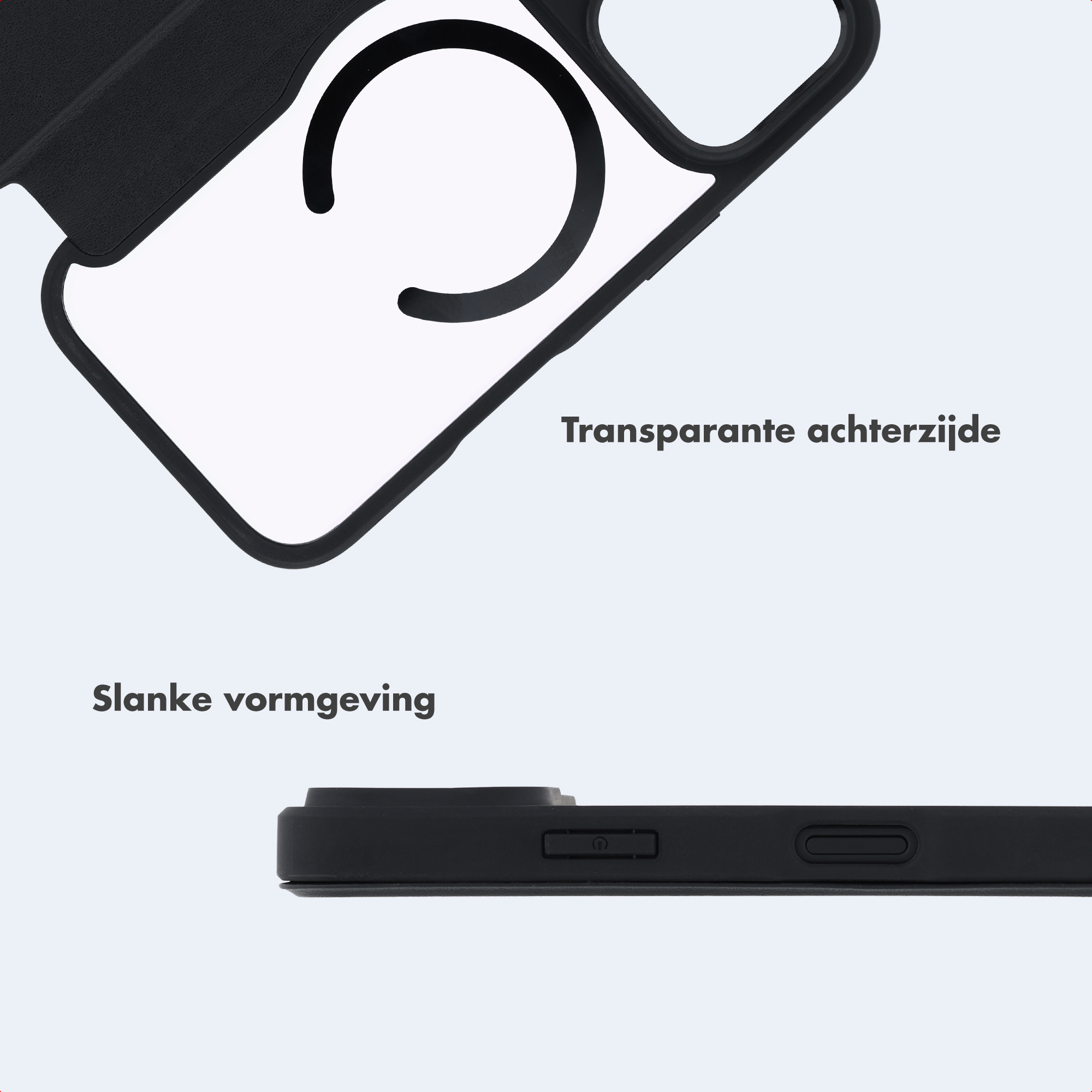 Eine schwarze Handytülle mit transparenter Rückseite, MagSafe-Ring und schlankem Design.