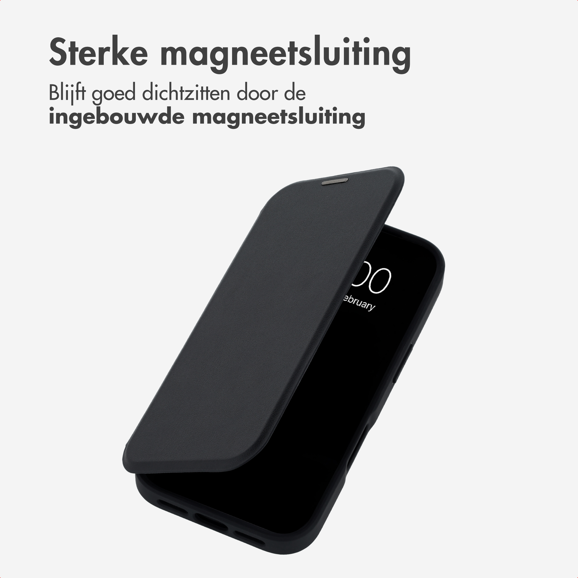 Schwarze Smartphone-Hülle mit magnetischem Klappverschluss und Text oben.