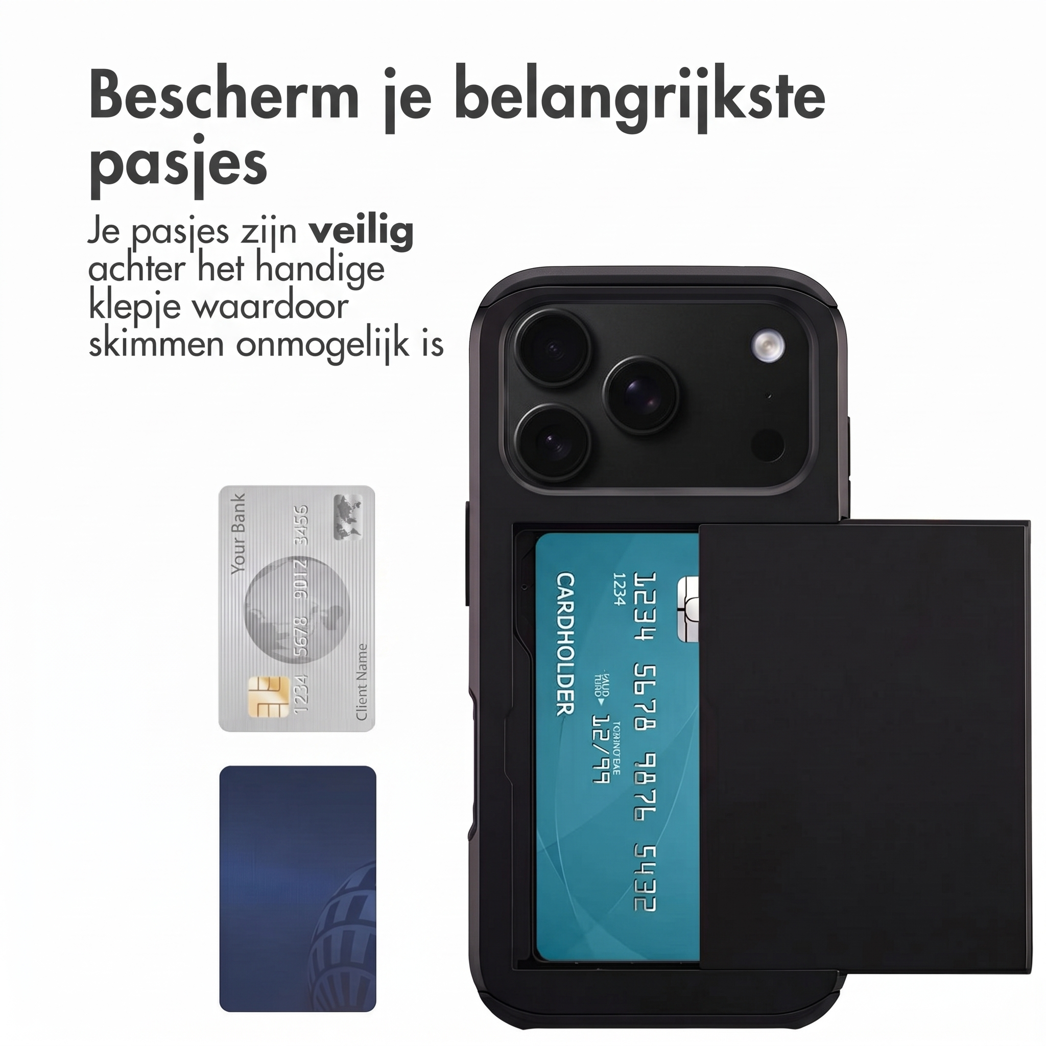 Coque de téléphone noire avec porte-cartes à l'arrière, carte bleue sortant, à côté du texte et deux cartes.
