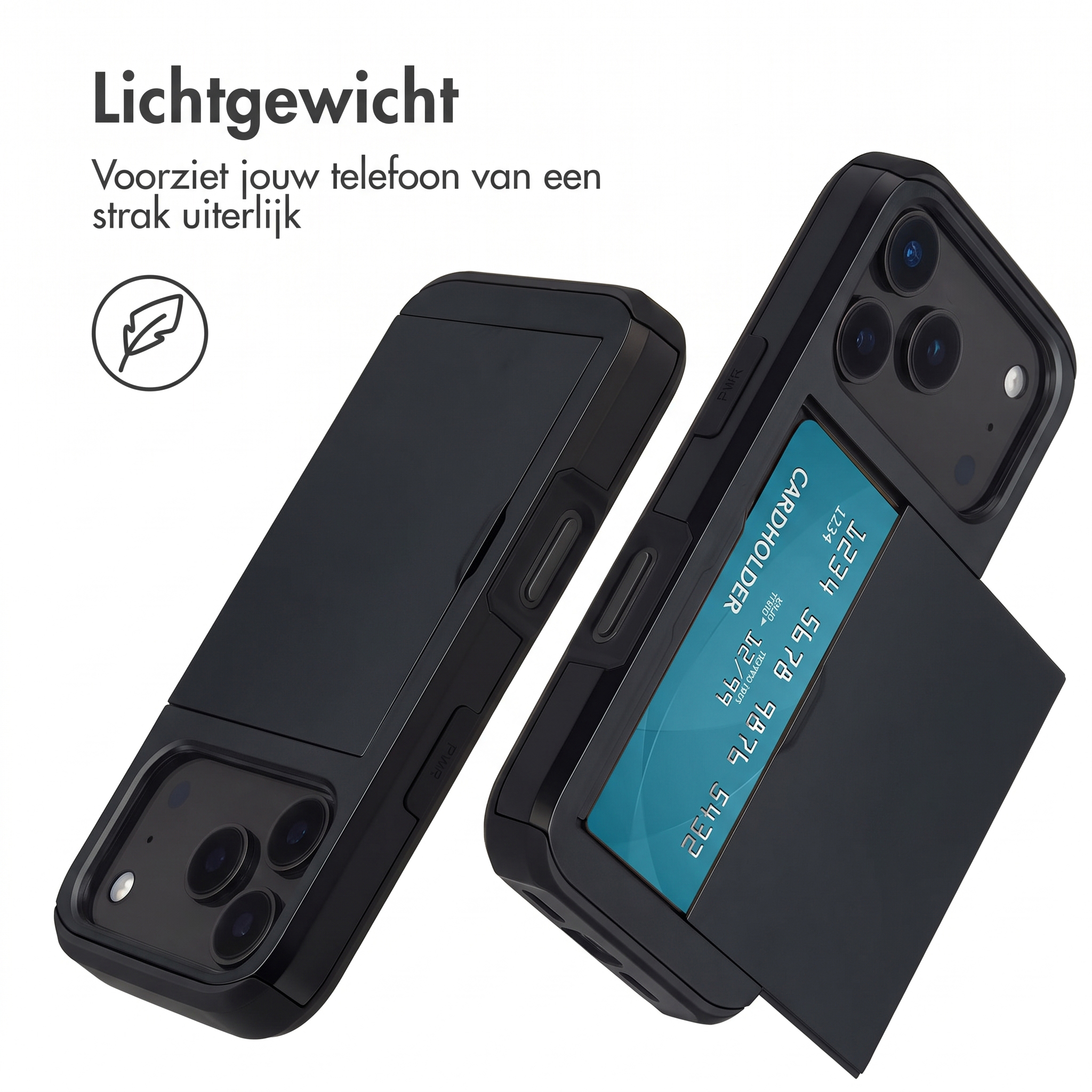 Deux coques de téléphone noires avec porte-cartes intégré et texte promotionnel en néerlandais.