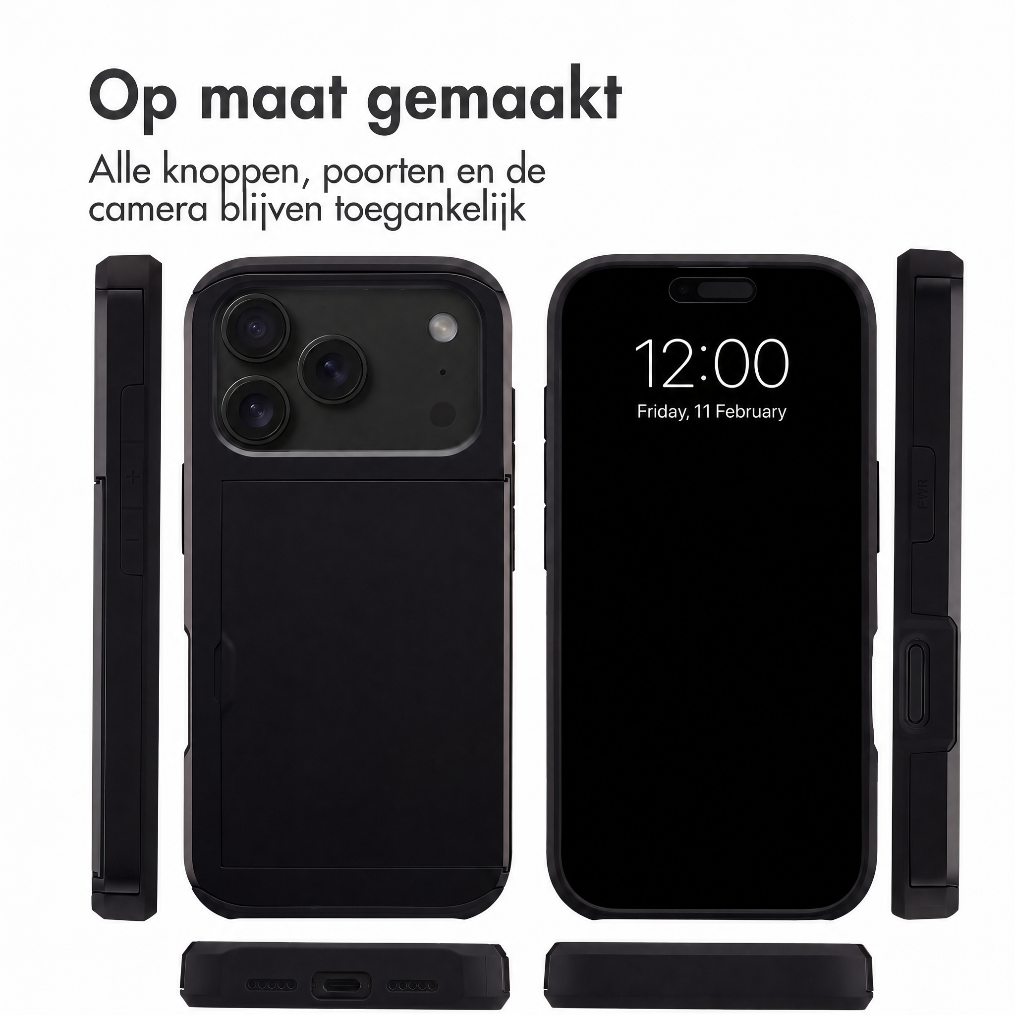 Coque de protection noire avec porte-cartes et ports accessibles pour smartphone sous plusieurs angles.