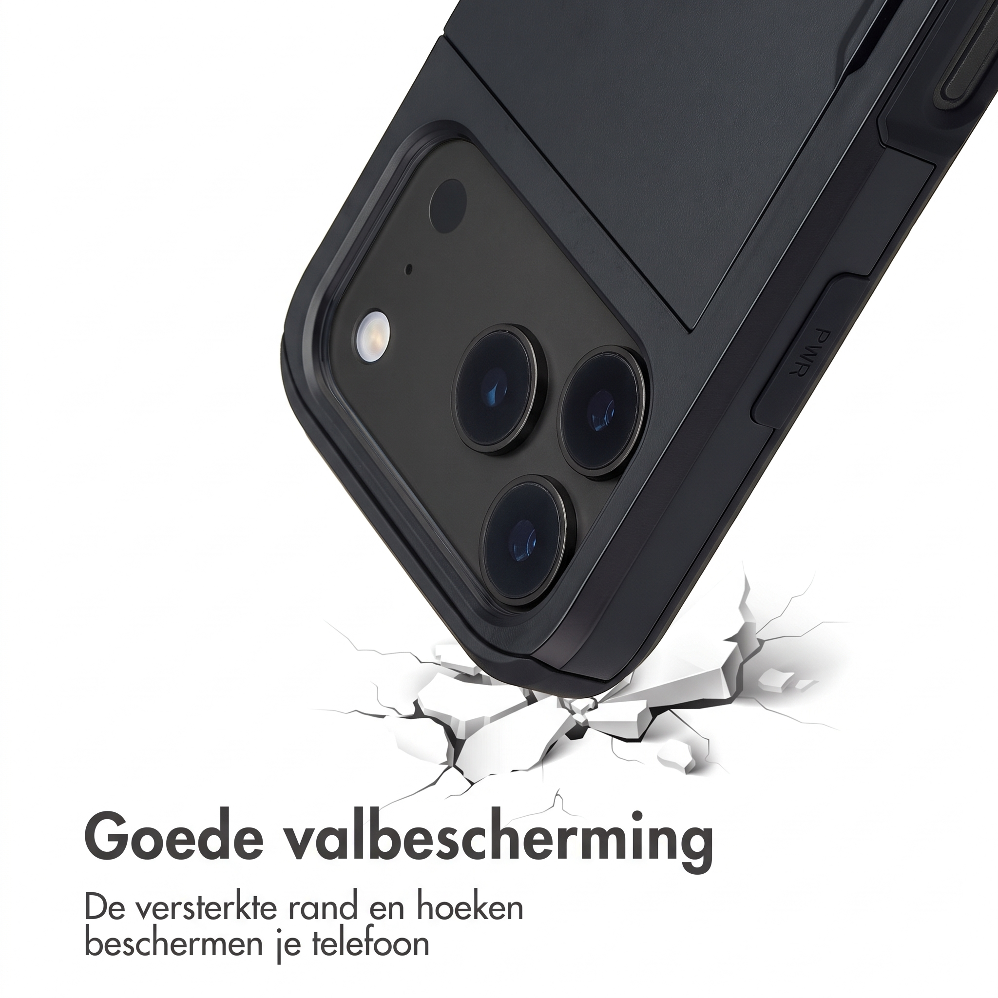 Smartphone noir élégant dans une coque de protection robuste sur fond blanc fissuré avec du texte.