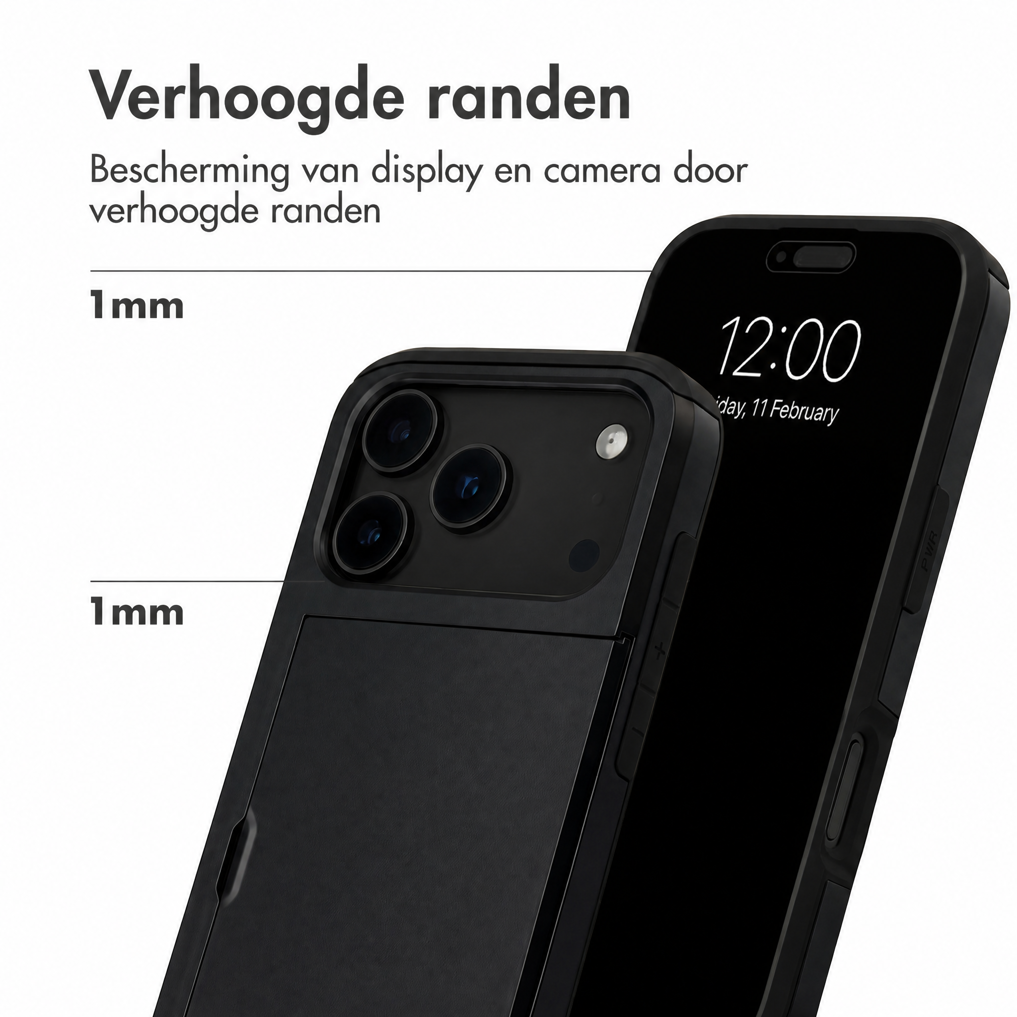 Coque de smartphone noire avec bords surélevés de 1 mm pour l'écran et l'appareil photo, avec du texte en néerlandais.