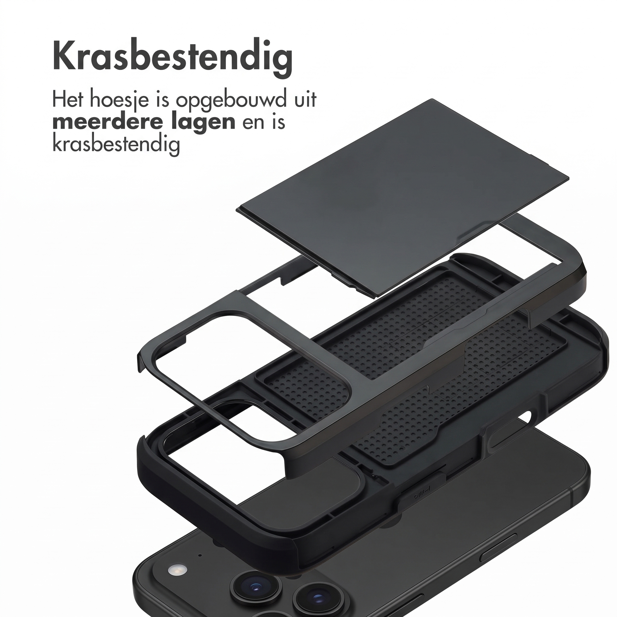 Vue éclatée d'une coque de téléphone noire multicouche résistante aux rayures au-dessus d'un smartphone.