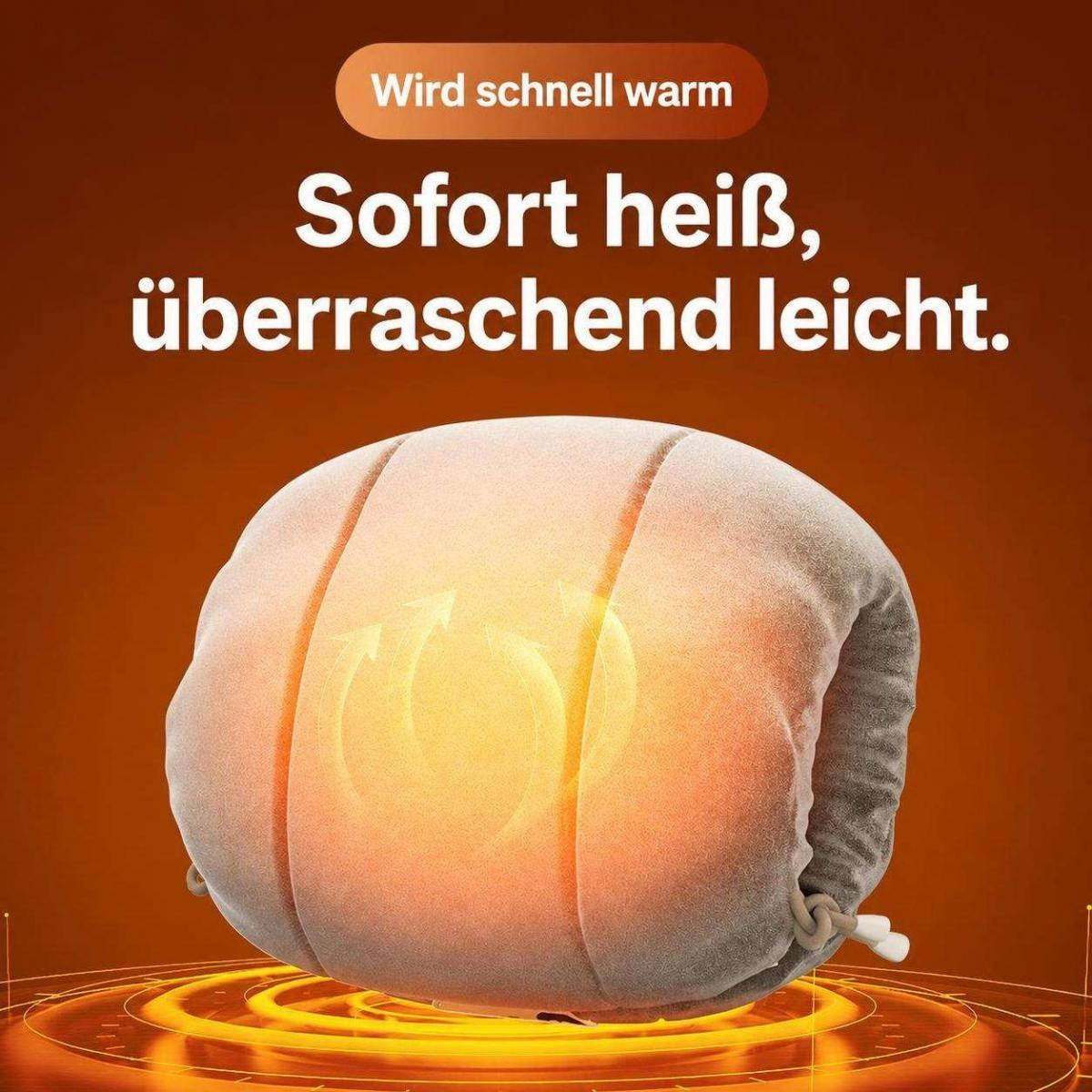 Ein weiches, braunes Kissen mit aufgedrucktem Text und leuchtendem Wärmesymbol auf einem orangefarbenen Hintergrund.