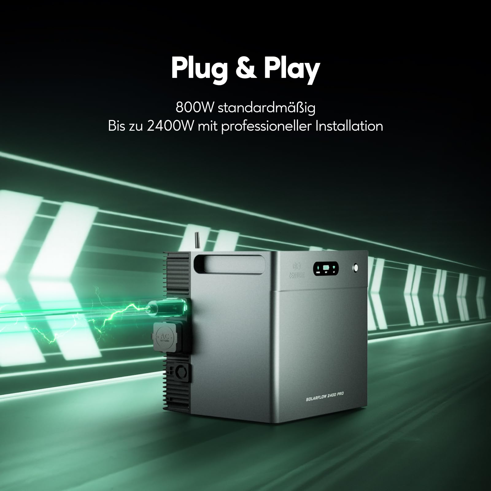 Solarflow 2400 Pro Stromspeicher vor einem grünen Tunnel mit Text Plug & Play und Installationsangaben.
