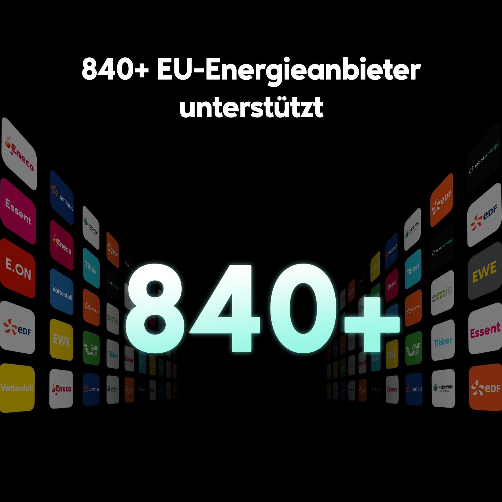 Ein schwarzer Bildschirm zeigt über 840 unterstützte EU-Energieversorger, umgeben von verschwommenen Logos.