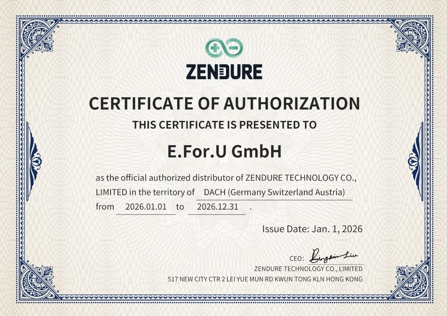 Zendure Autorisierungszertifikat für E.For.U GmbH als offizieller Distributor in DACH, gültig 2026.
