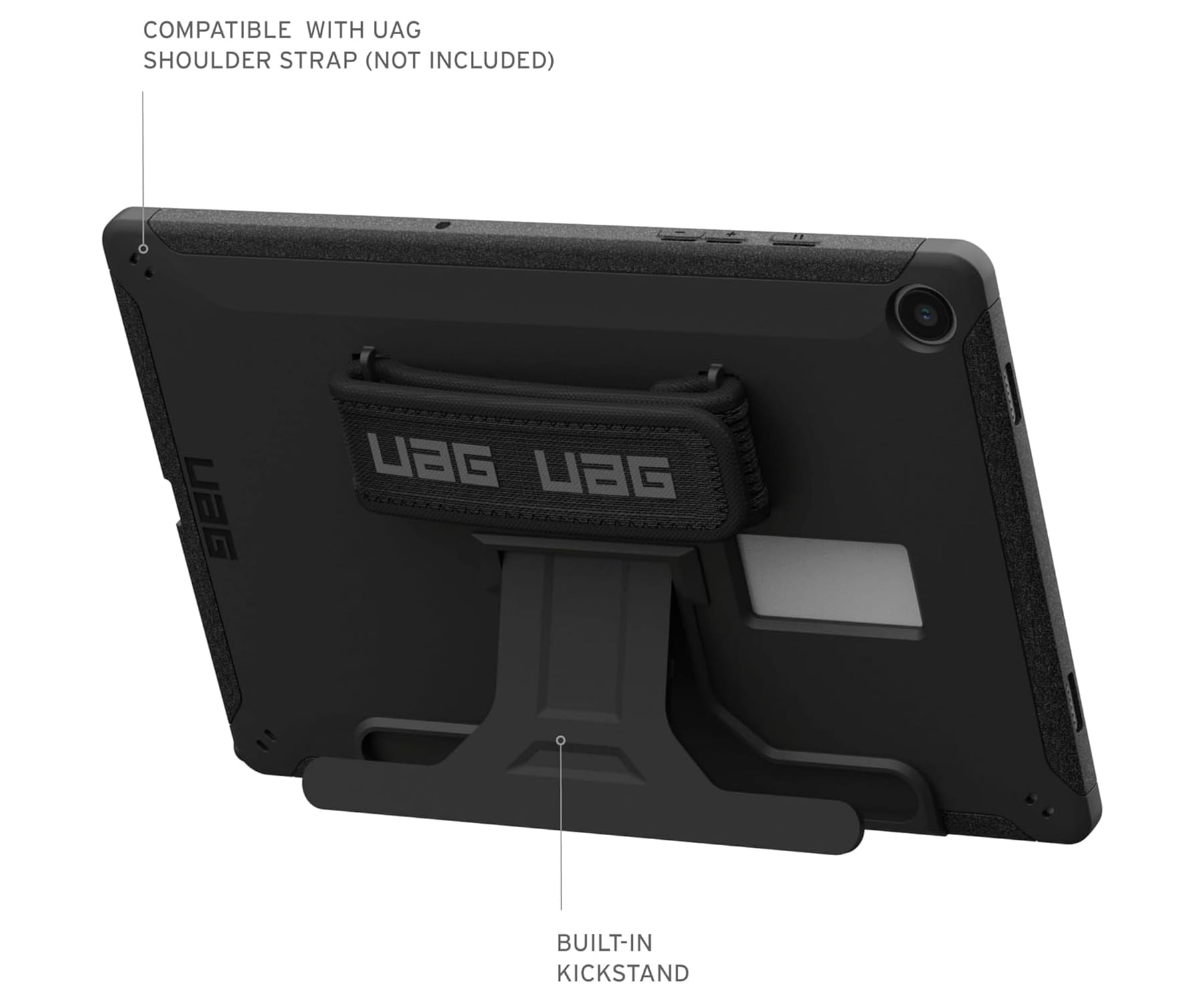 Czarne etui ochronne na tablet z paskiem na dłoń i wbudowaną podstawką na jasnym tle.