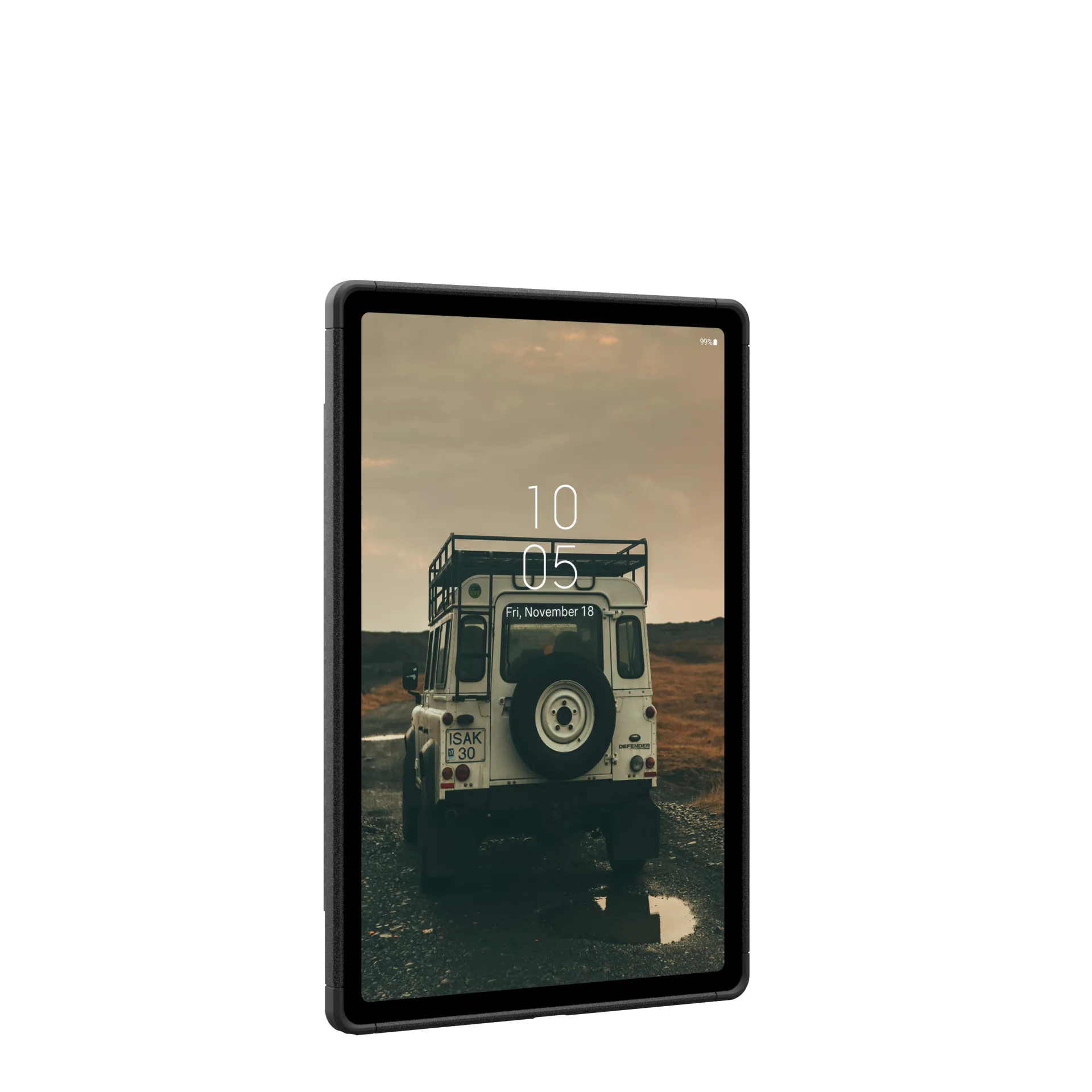 Czarny tablet w etui pokazuje ekran blokady z białym samochodem terenowym w krajobrazie.