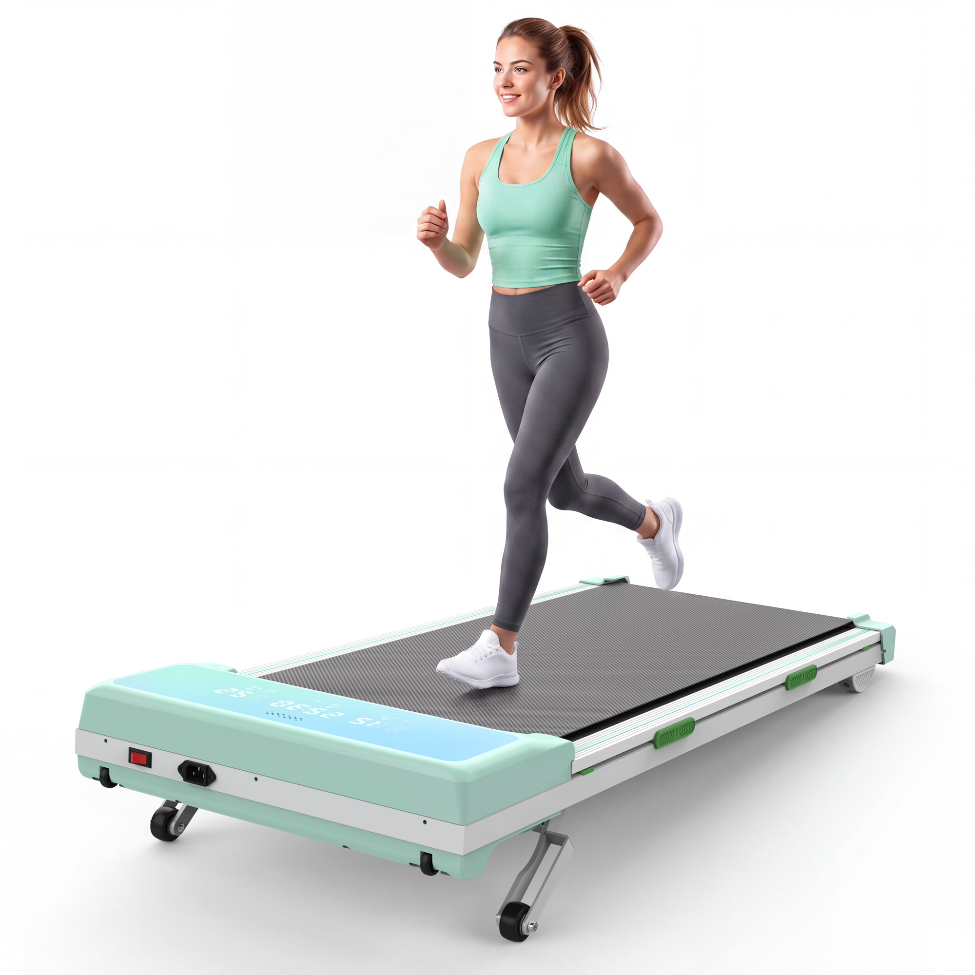 Eine Frau in Sportkleidung läuft auf einem modernen mintgrünen Laufband vor weißem Hintergrund.