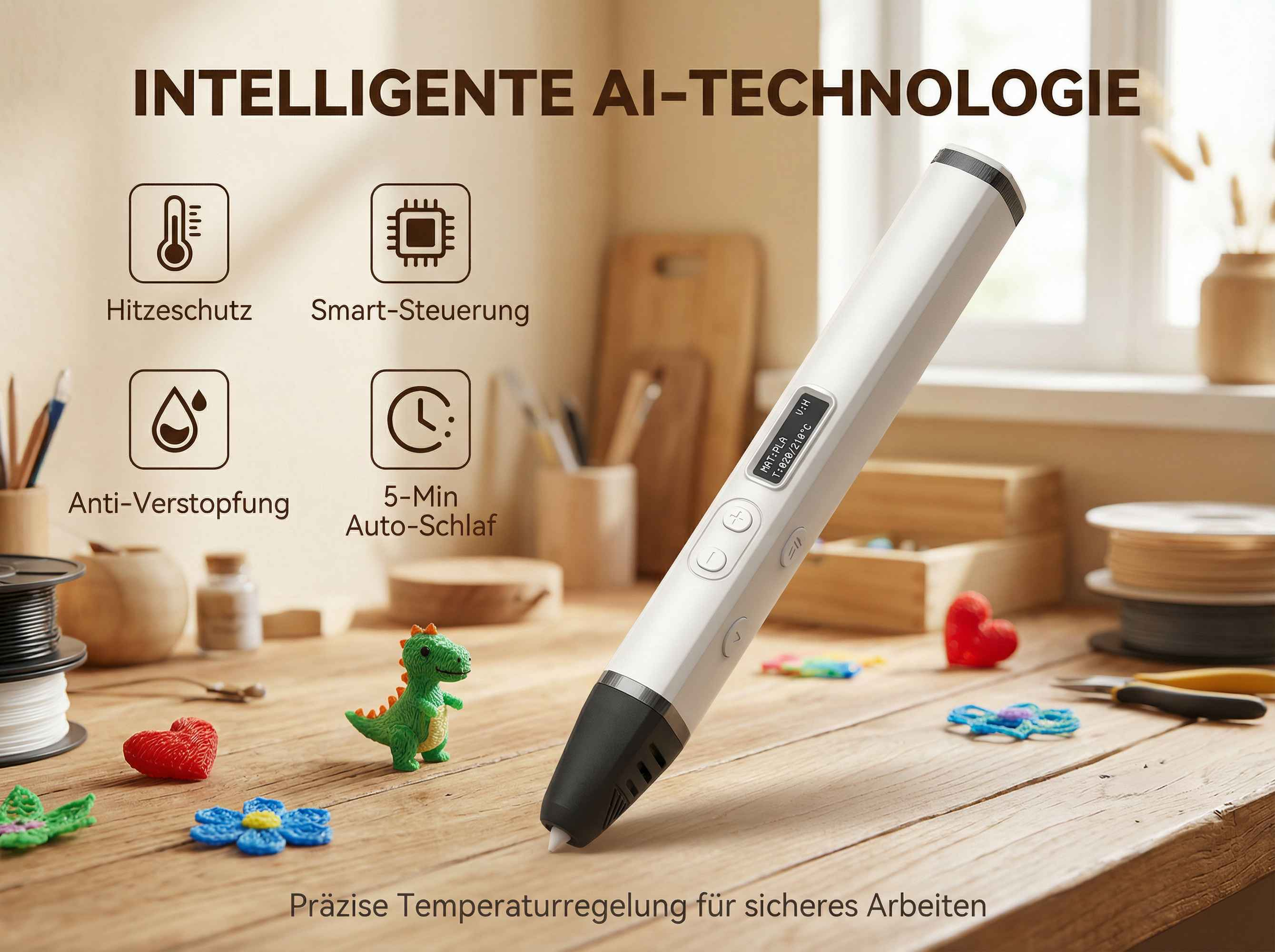 Weißer 3D-Stift auf Holztisch mit kleinen 3D-gedruckten Modellen und Icons für Funktionen.