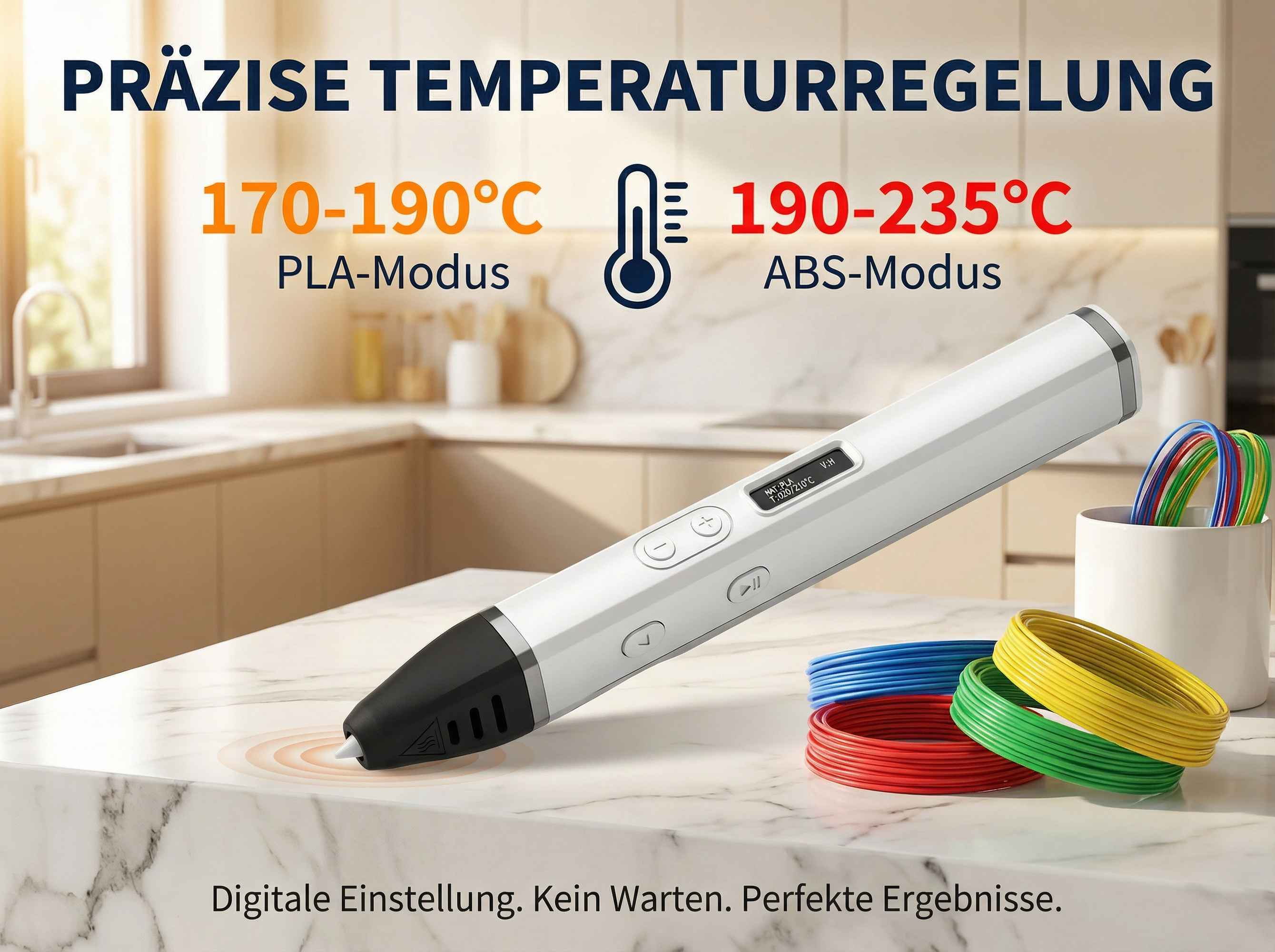 Ein weißer 3D-Stift auf einer Marmorarbeitsplatte mit bunten Filamenten und deutscher Textüberlagerung.