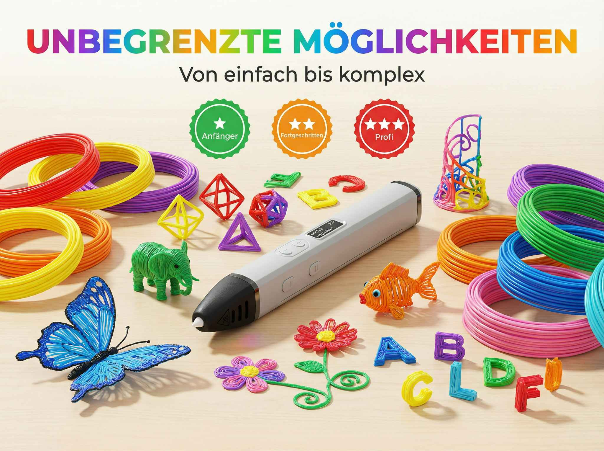 Ein grauer 3D-Stift liegt auf einem Holztisch, umgeben von bunten Filamenten und 3D-gedruckten Objekten.