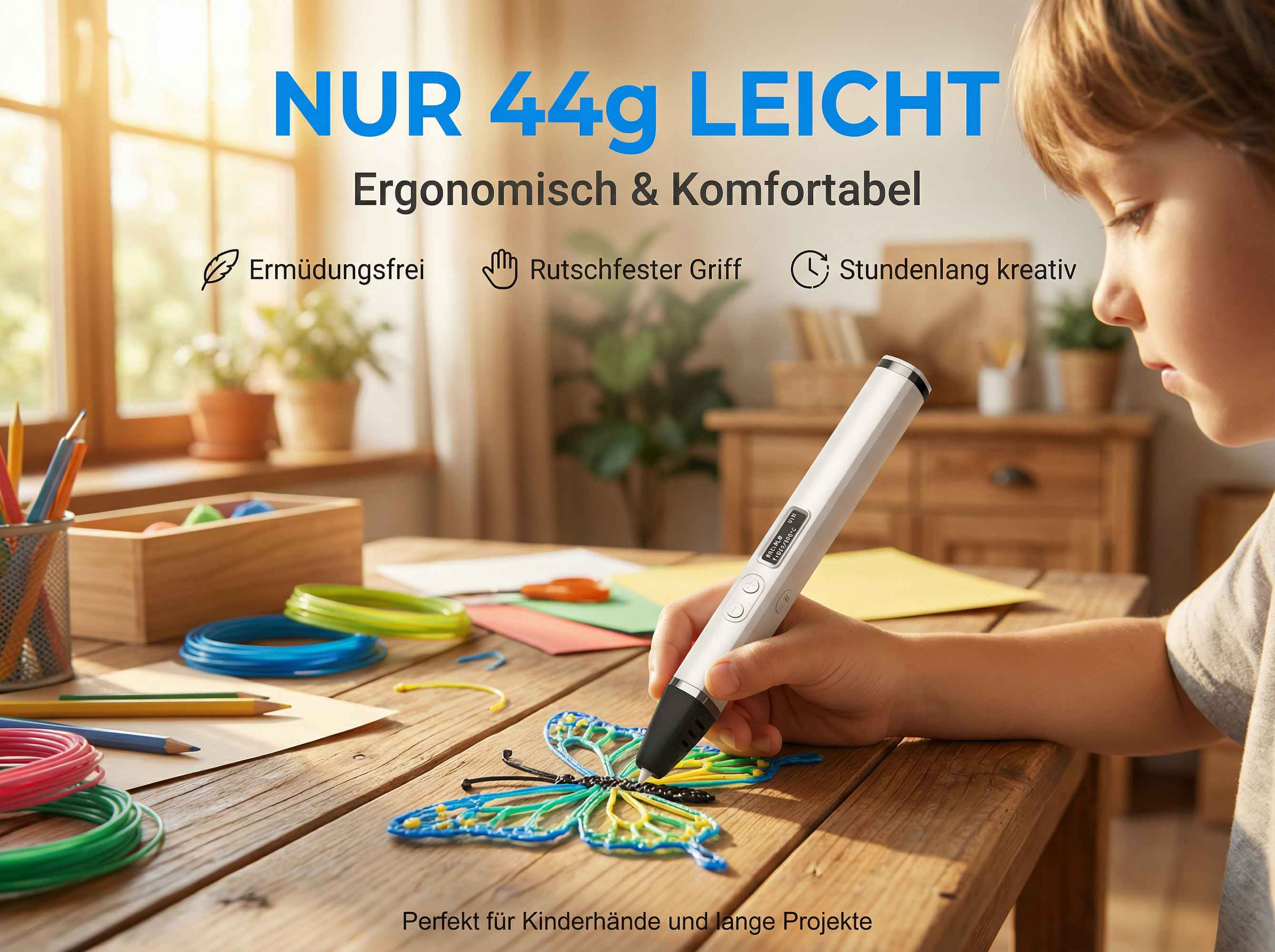 Ein Kind nutzt einen leichten 3D-Stift, um auf einem Holztisch einen bunten Schmetterling zu zeichnen.