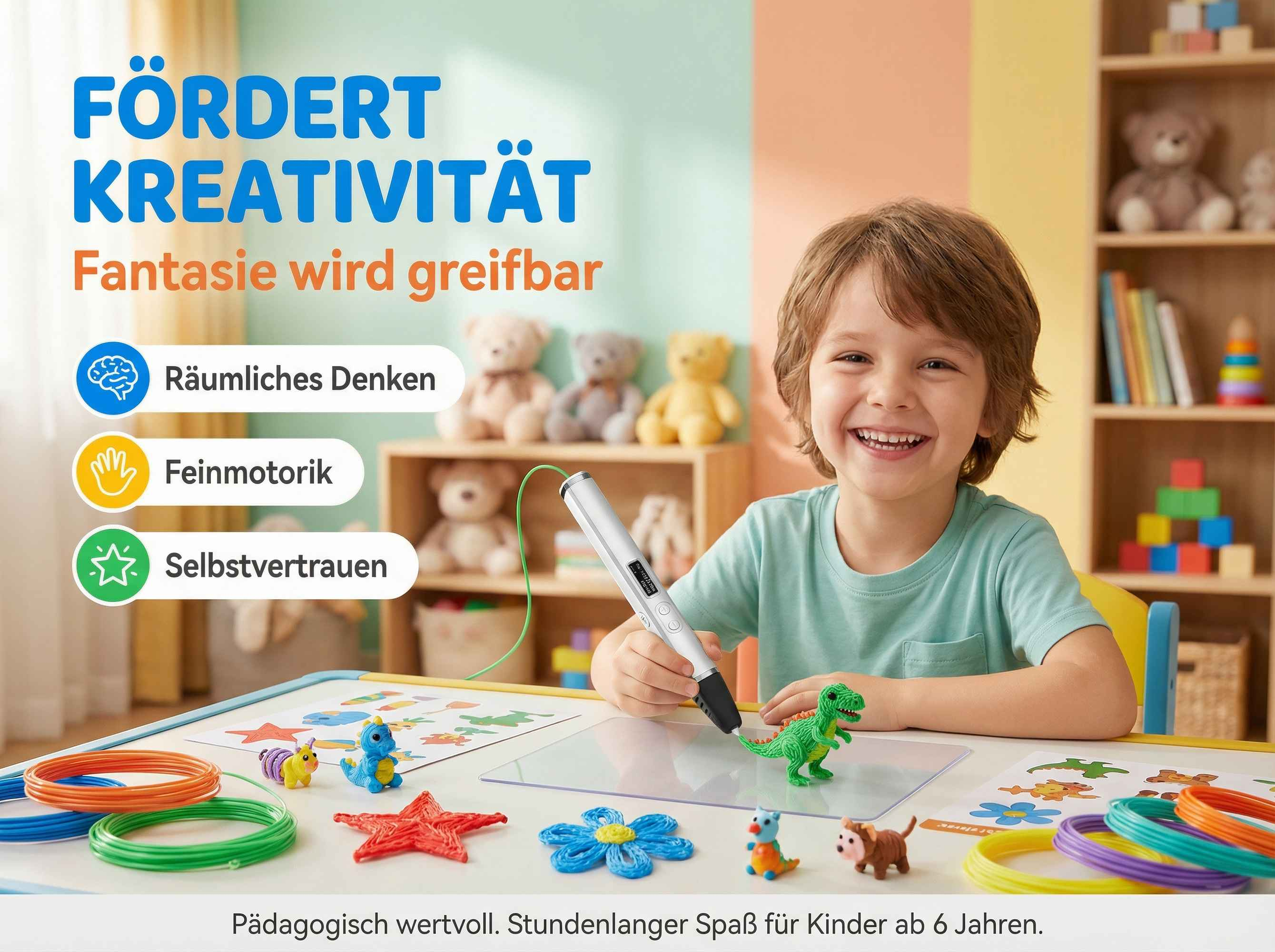 Ein glücklicher Junge malt mit einem blauen 3D-Stift Figuren auf eine Acrylplatte in einem bunten Kinderzimmer.