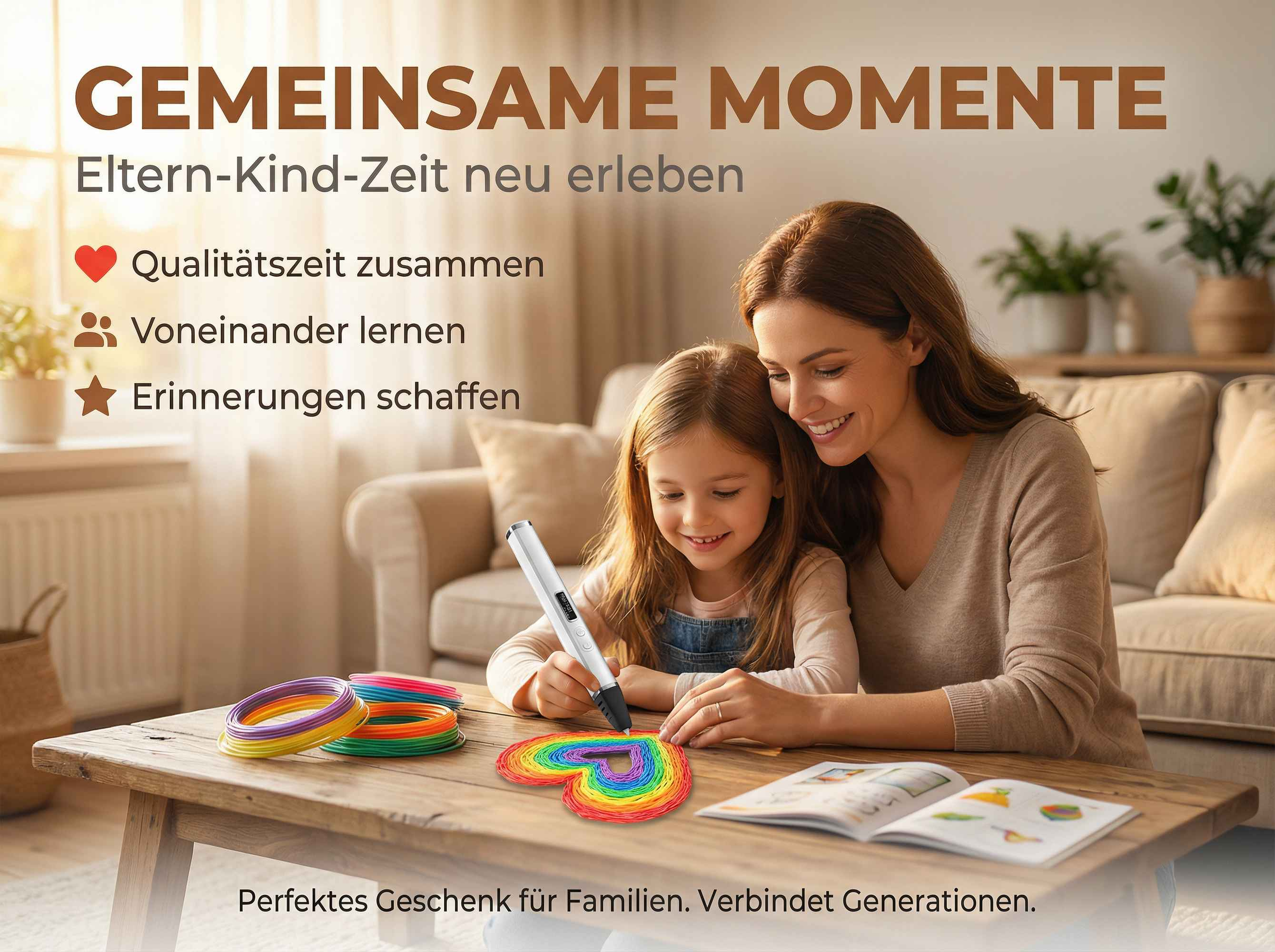 Mutter und Tochter verwenden einen 3D-Stift, um ein buntes Herz aus Filament zu zeichnen, am Holztisch sitzend.