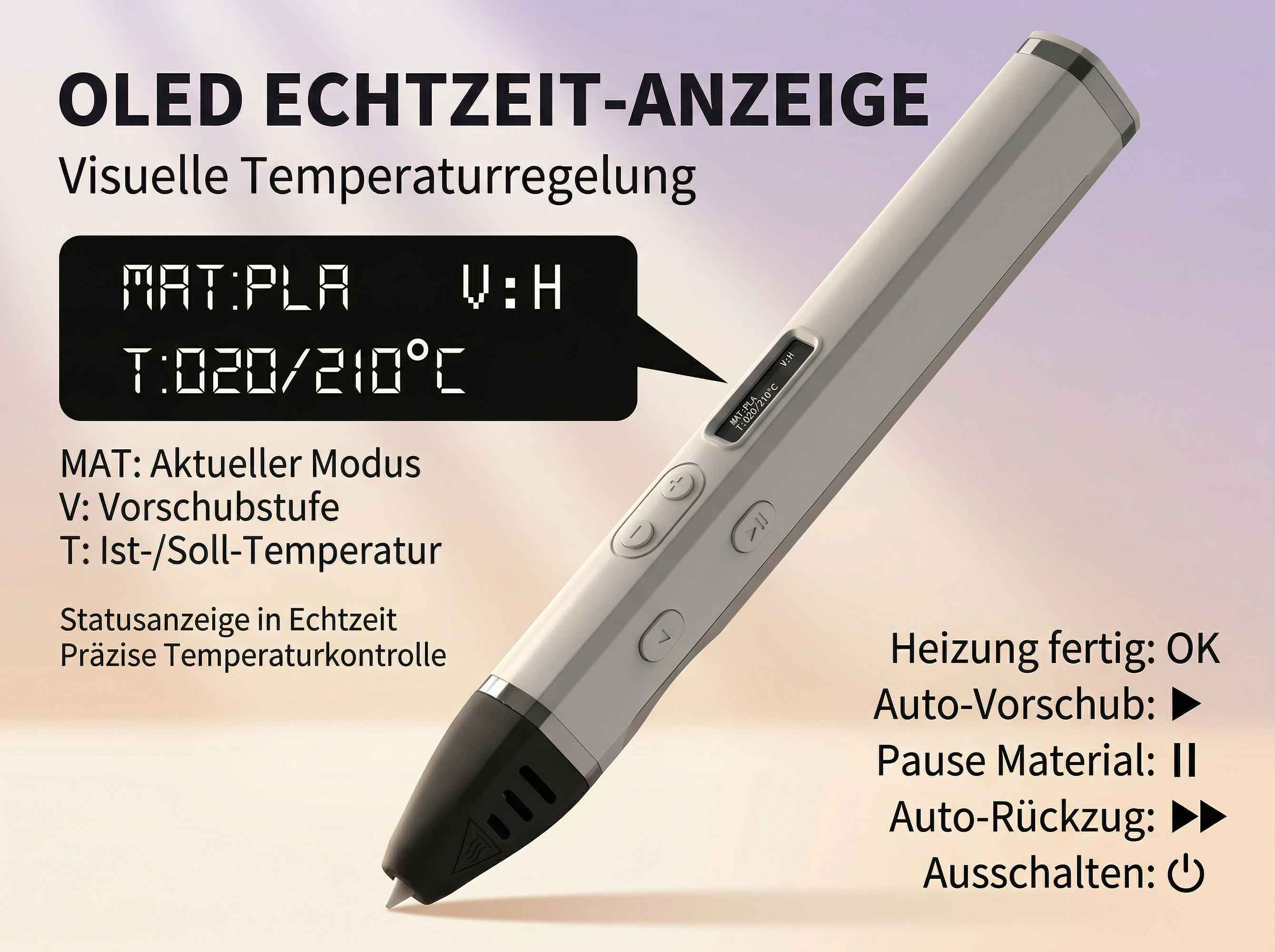 3D-Druckstift in Grau und Schwarz mit OLED-Anzeige und Kontrolltasten vor hellem Hintergrund.