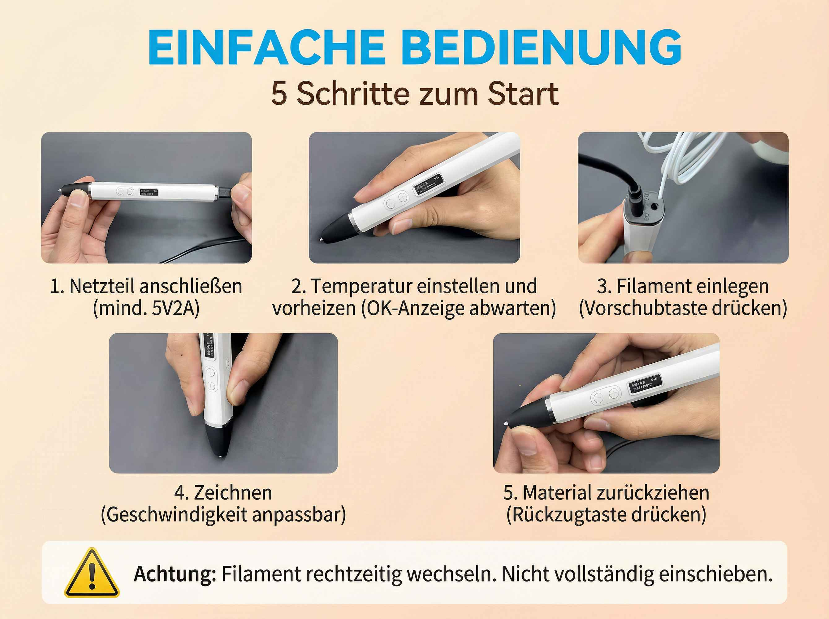 Anleitung in 5 Schritten zur Bedienung eines 3D-Druckstifts auf hellem Hintergrund.