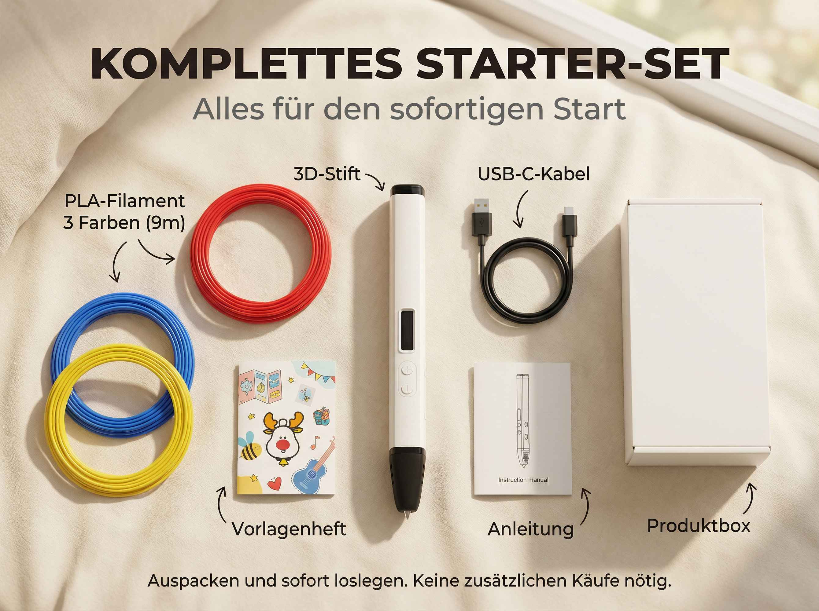 Ein 3D-Stift-Starterset mit Filament, Stift, USB-Kabel, Vorlagenheft, Anleitung und Produktbox.