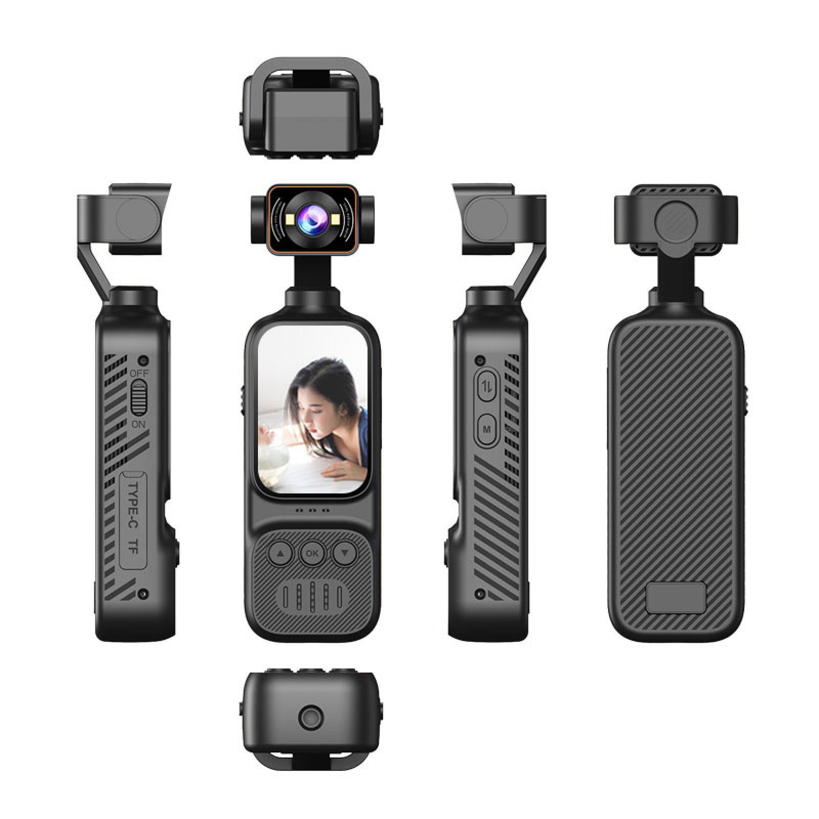 Mehrere Ansichten einer schwarzen Kompaktkamera mit Gimbal, Display und Bedienelementen.