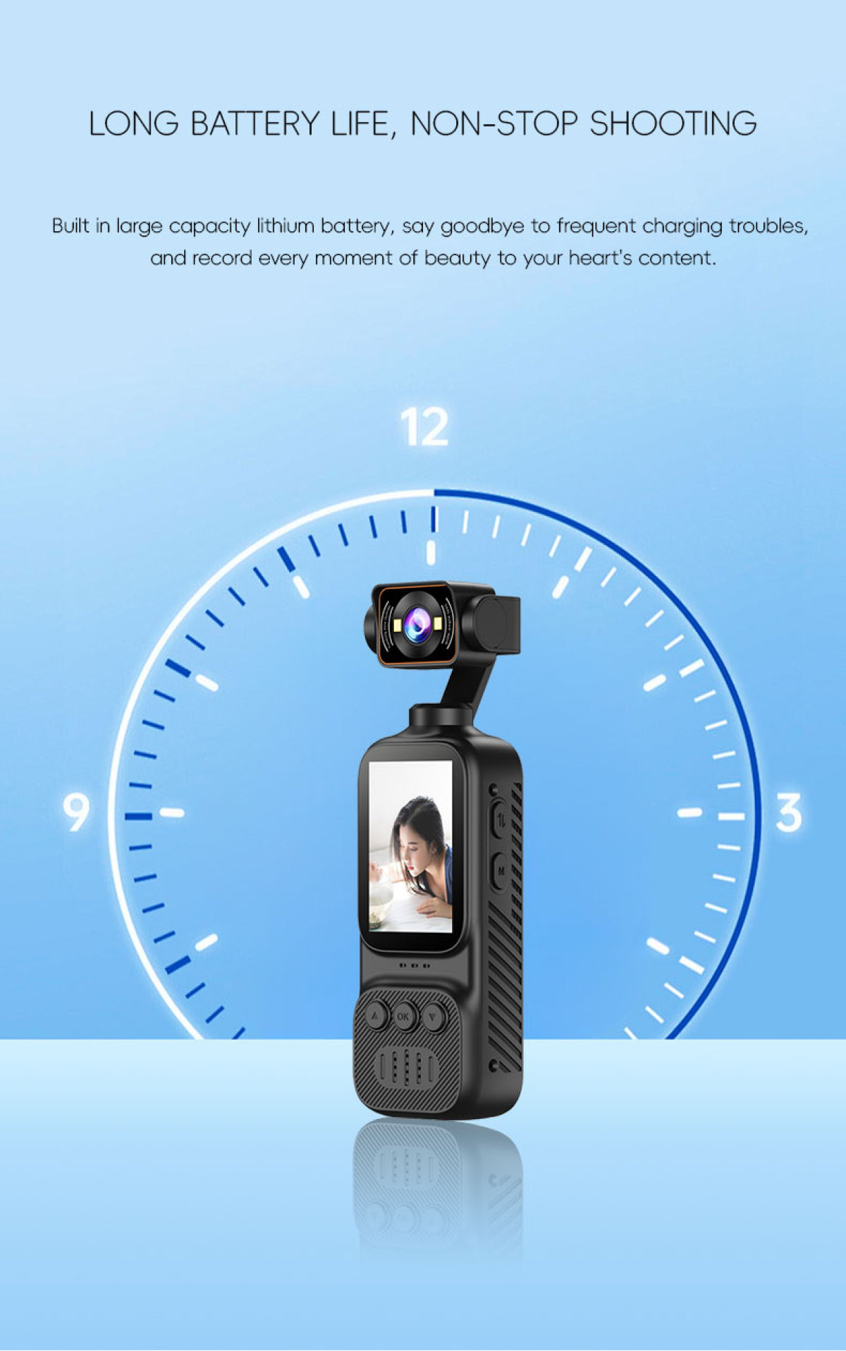 Schwarze Handheld-Kamera vor einer blauen Uhr mit Text über lange Akkulaufzeit.
