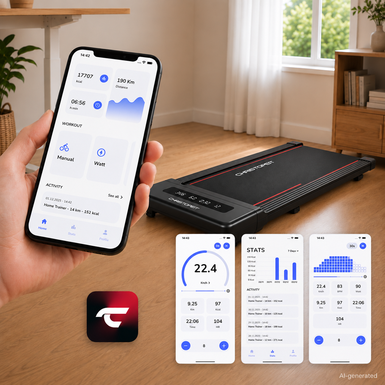 Hand hält Smartphone mit Fitness-App, im Hintergrund ein Christopeit-Laufband.