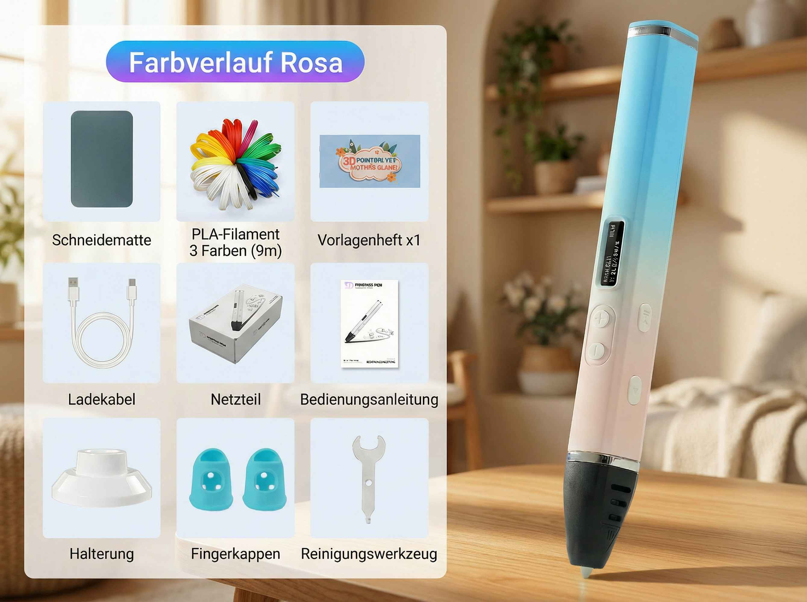 Blaue und rosa 3D-Druckstift mit Zubehör wie Filament, Kabel und Halterung.