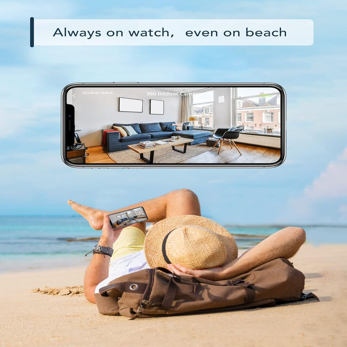 Person liegt am Strand und überwacht zu Hause via Smartphone.