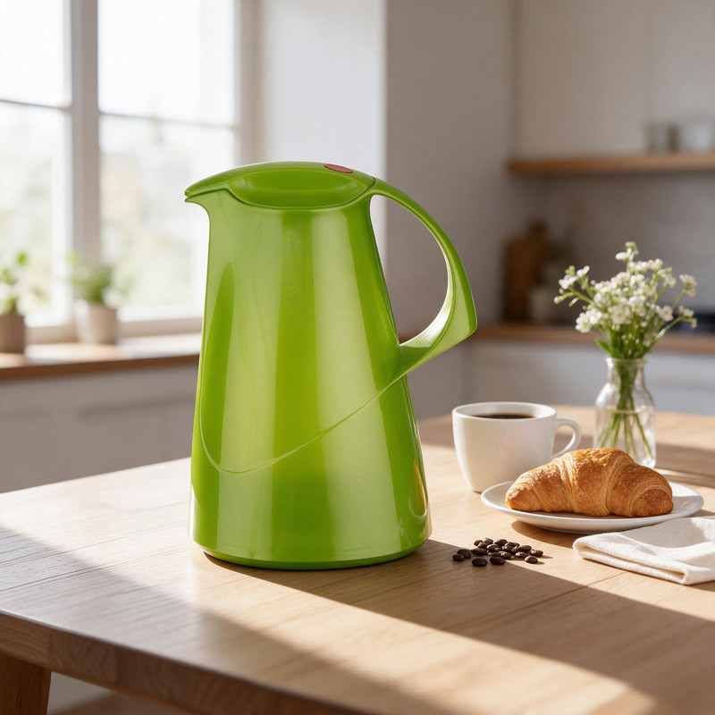 Eine hellgrüne Kaffeekanne steht auf einem Holztisch neben einer Tasse Kaffee, einem Croissant und Blumen.