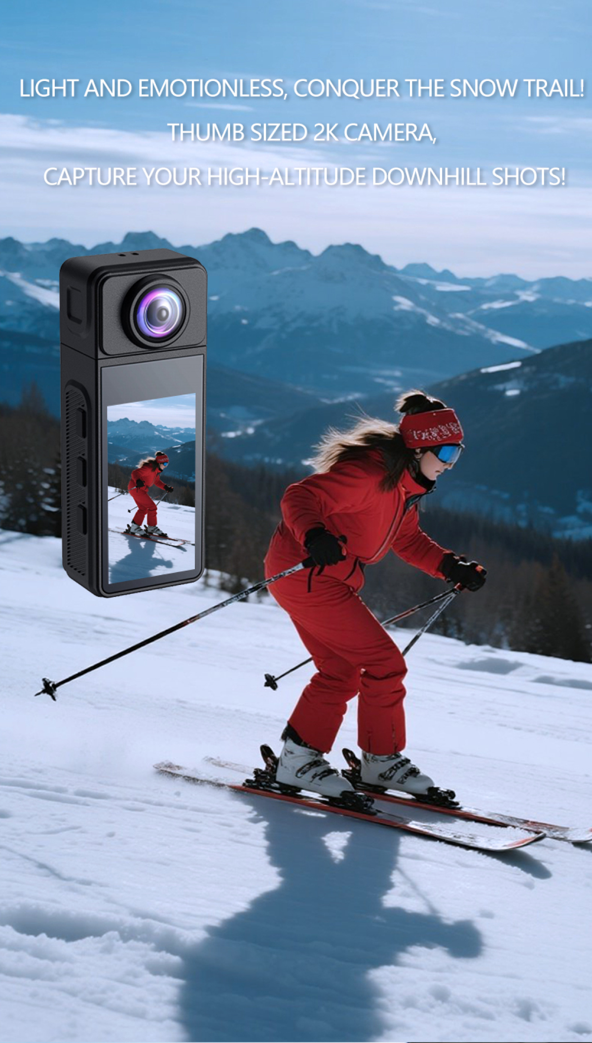 Skifahrerin in rotem Schneeanzug mit kleiner schwarzer Actioncam vor verschneiter Bergkulisse.