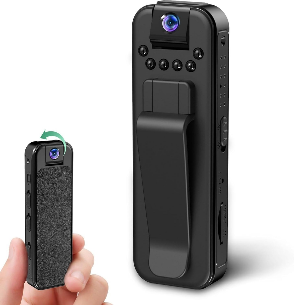 Schwarze Mini-Kamera mit Clip und rotierbarem Objektiv in einer Hand gehalten, rechts vergrößert dargestellt.