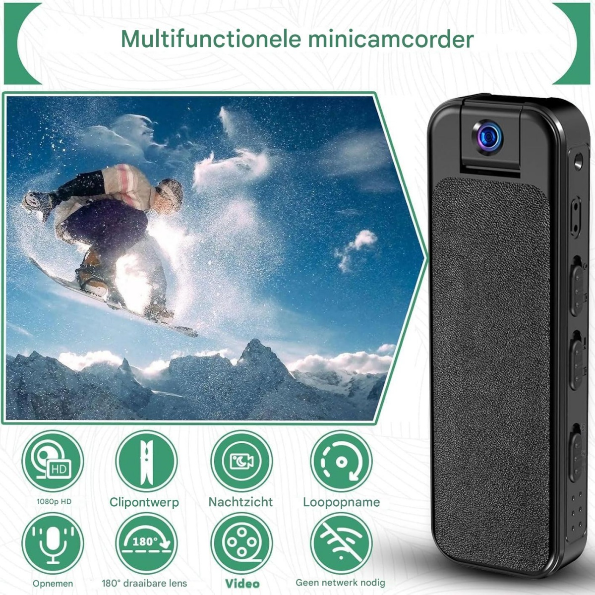 Schwarze Mini-Camcorder mit Funktionen wie 1080p, Nachtsicht und Clip-Design, neben einem Snowboarder in den Bergen.