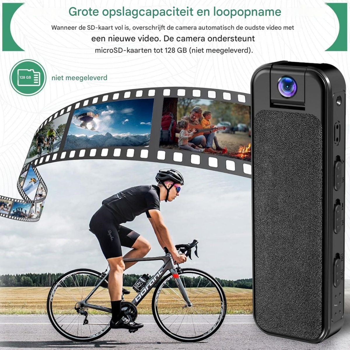Eine schwarze tragbare Kamera neben einem Radfahrer, mit Filmstreifen, die verschiedene Szenen und Text zeigen.