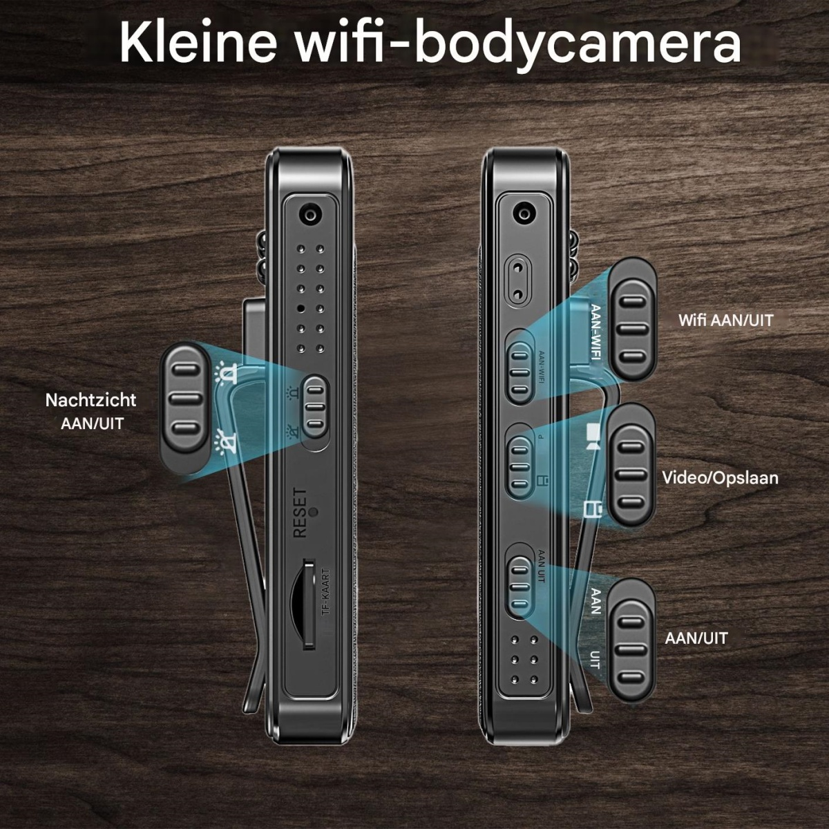 Kleine WLAN-Bodycam auf Holzhintergrund mit beschrifteten Tasten.