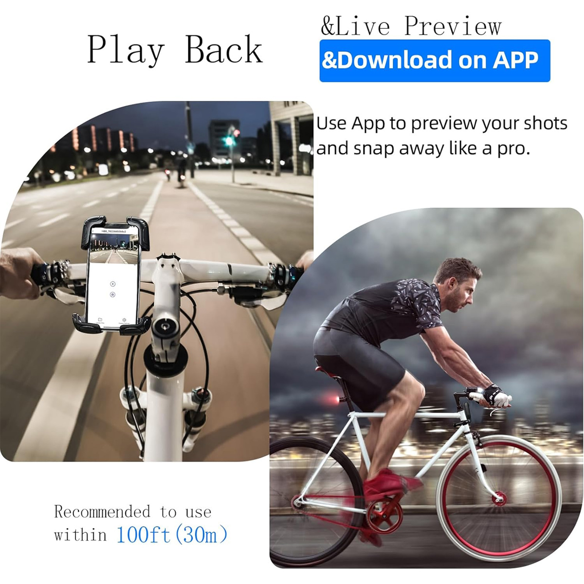 Fahrradlenker mit Smartphone-Halterung und Radfahrer im Freien.