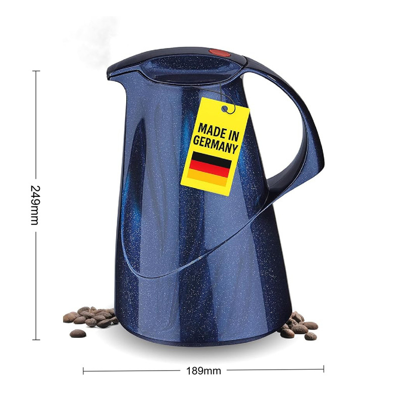 Blaue Isokanne mit Kaffeebohnen, Etikett und Abmessungen 249x189mm auf weißem Hintergrund.
