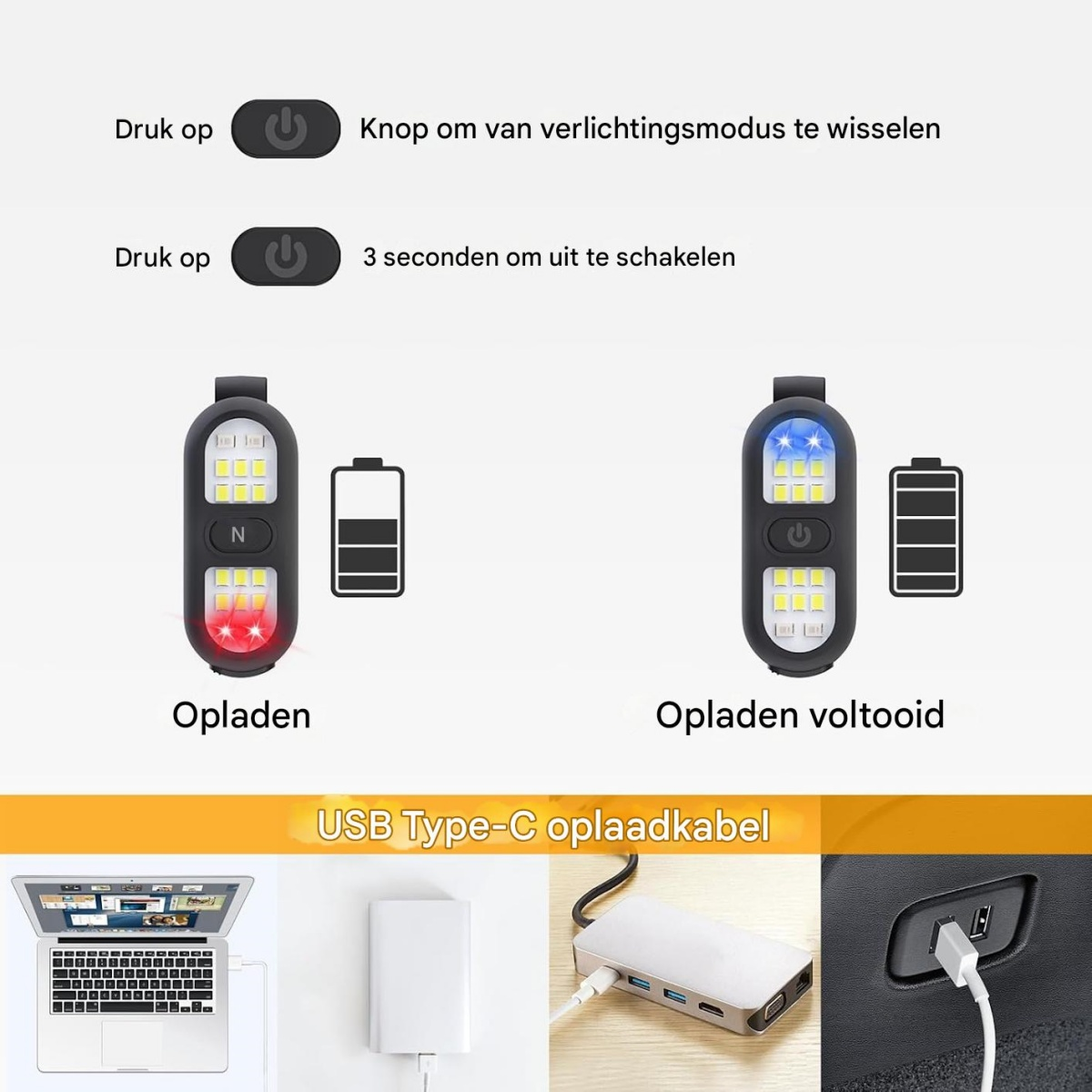 Anleitung für eine per USB-C aufladbare LED-Leuchte mit Ladezustand und Tastenfunktionen.