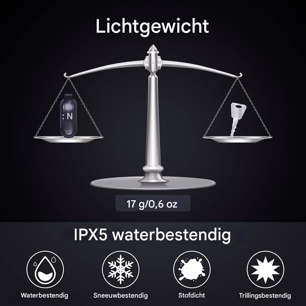 Eine Waage zeigt eine leichte Kapsel im Vergleich zu einem Schlüssel, mit Text über Gewicht und IPX5-Wasserdichtigkeit.