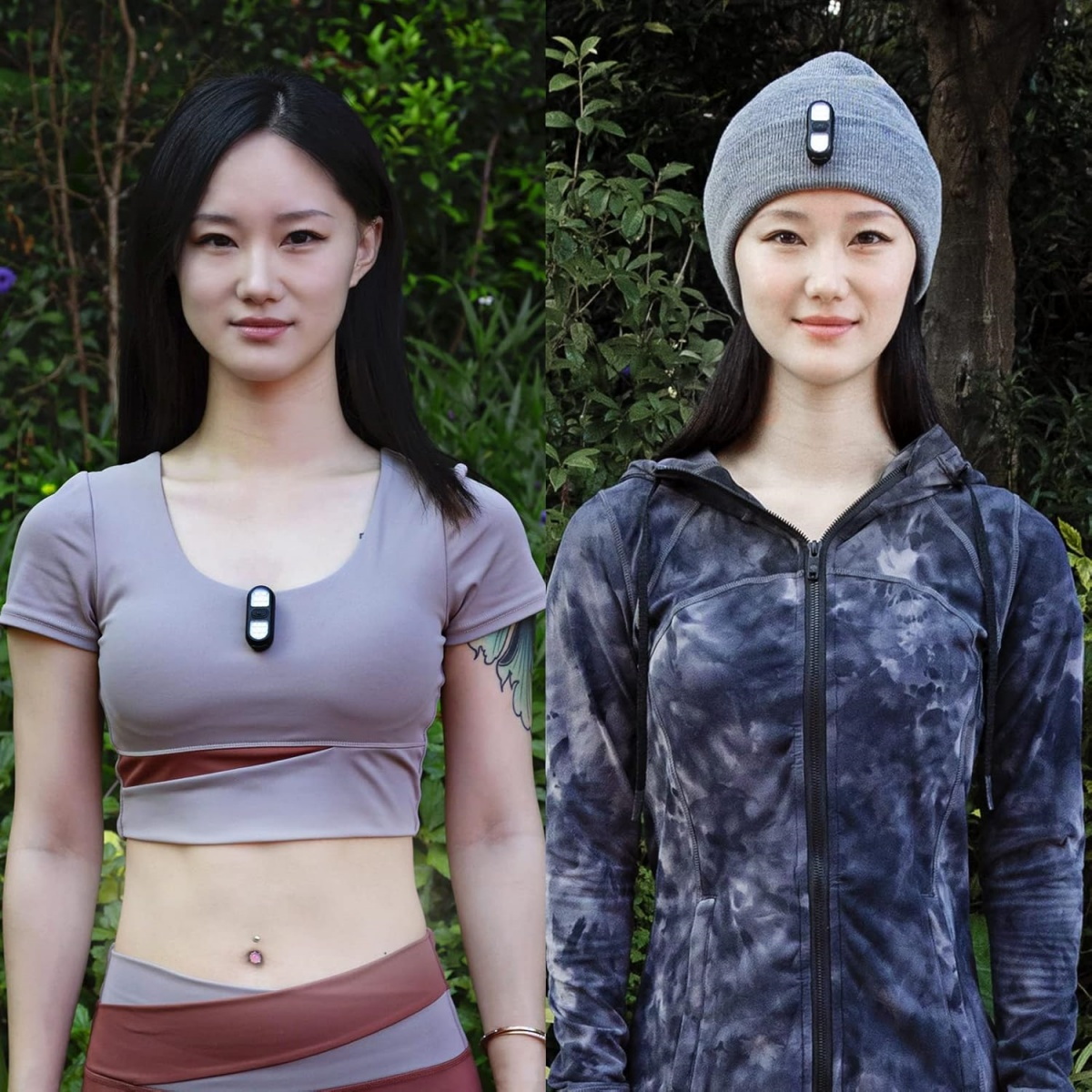 Eine Frau mit einem kleinen Gerät, draußen in zwei Outfits: Sportkleidung und Mütze mit Jacke.