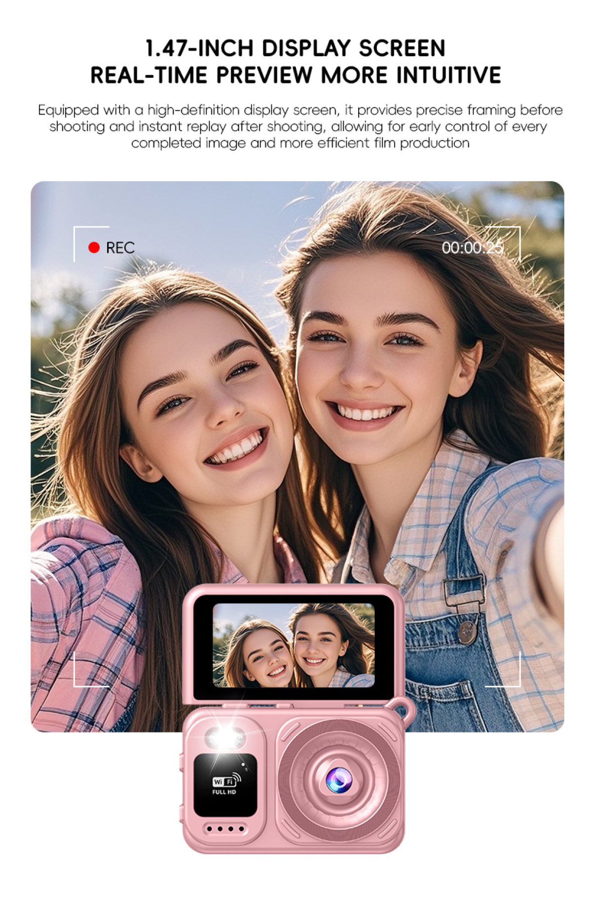 Zwei junge Frauen nehmen ein Selfie mit einer pinkfarbenen Kamera mit Frontdisplay auf.