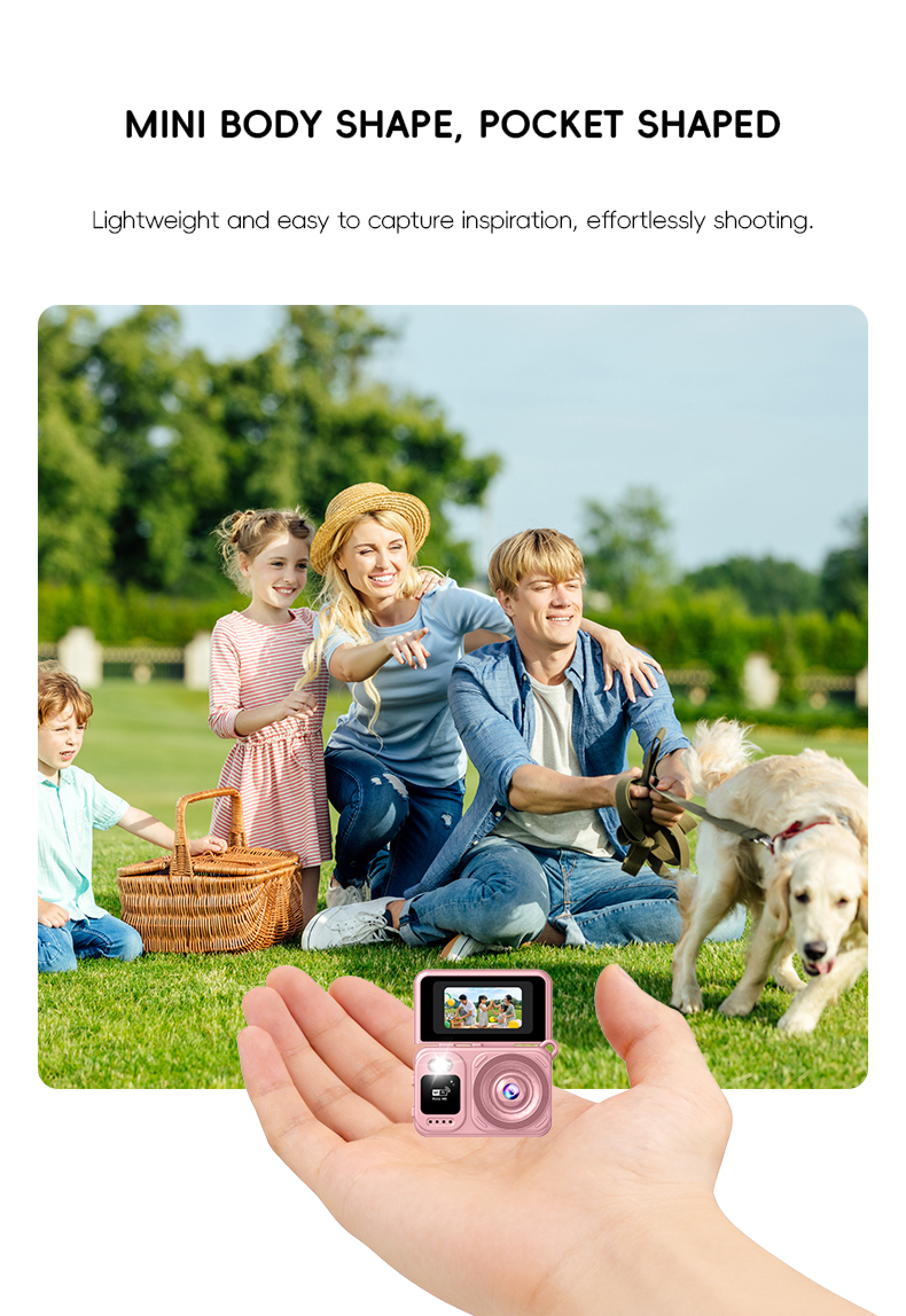 Eine Hand hält eine rosa Mini-Kamera vor einem Bild einer Familie im Park mit Hund.